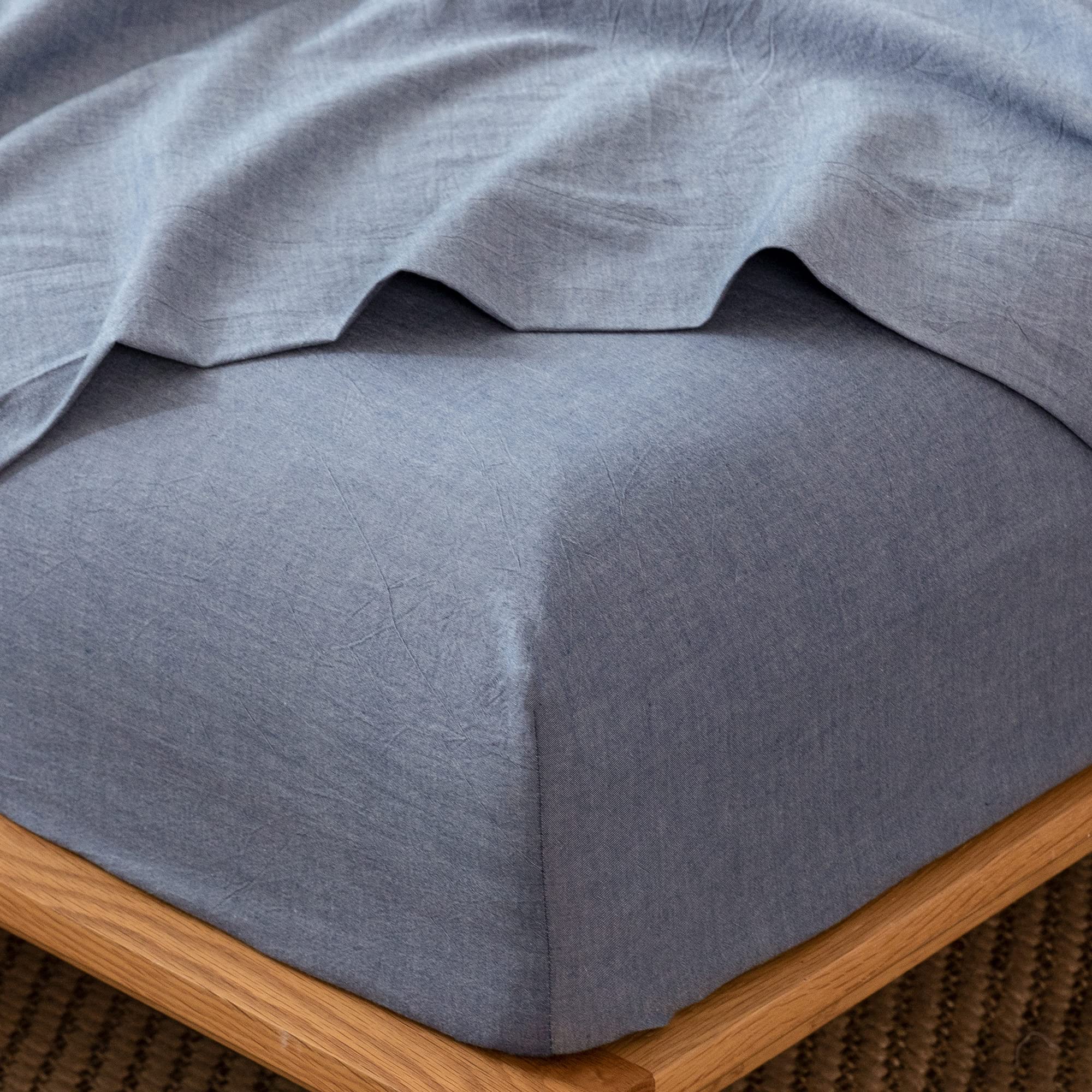 MooMee Fitted Bottom Sheet Only 100% Washed Cotton Linen Like Textured Breathable Durable Soft Comfy Deep Pocket Fits Mattress up to 17" (Blue, Twin)