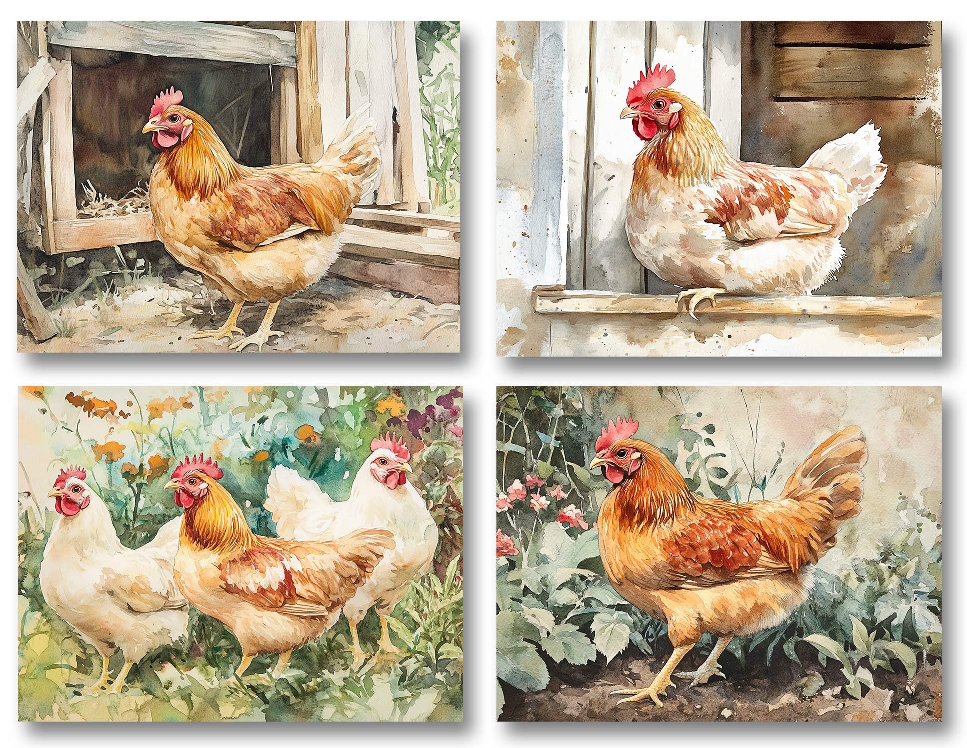 Small World Greetings Watercolor Chicken Note Cards 12 Count-Blank Inside with Envelopes-A2 Size 5.5" x 4.25"-Farmhouse Hen Art Stationery for All