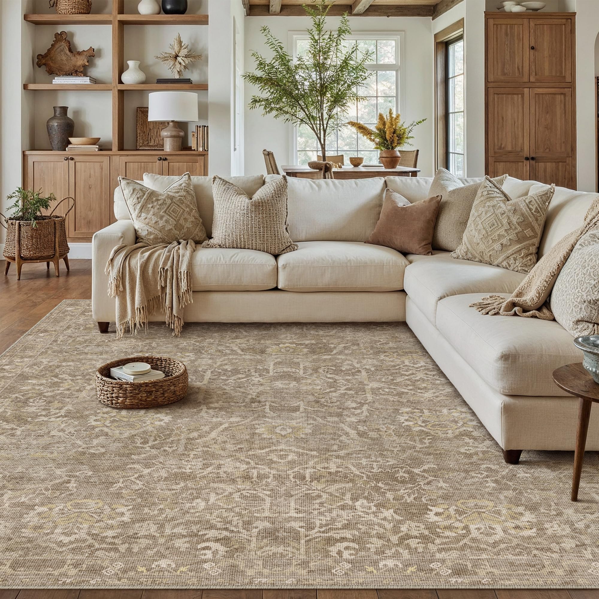 HUGEAR Area Rug 8x10 Light Brown Machine Washable Living Room Rugs Distressed Vintage Floral Vacuumable Low Pile Carpet Bedroom Office Dining Room Laundry Room Non Slip Soft Lightweight