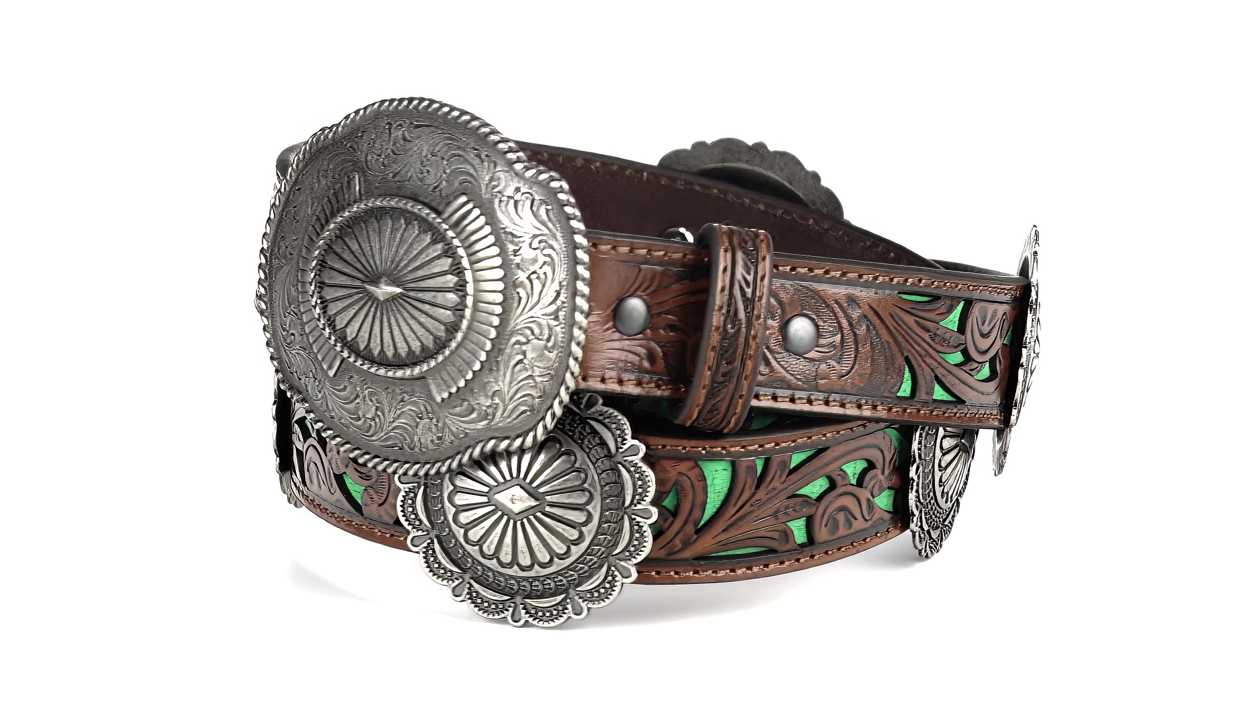 6177 Women\'s Floral Pierced Leather Turquoise Underlay Belt, Tan Turquoise Leather Belt - Kindred Soul Apparel main image 4