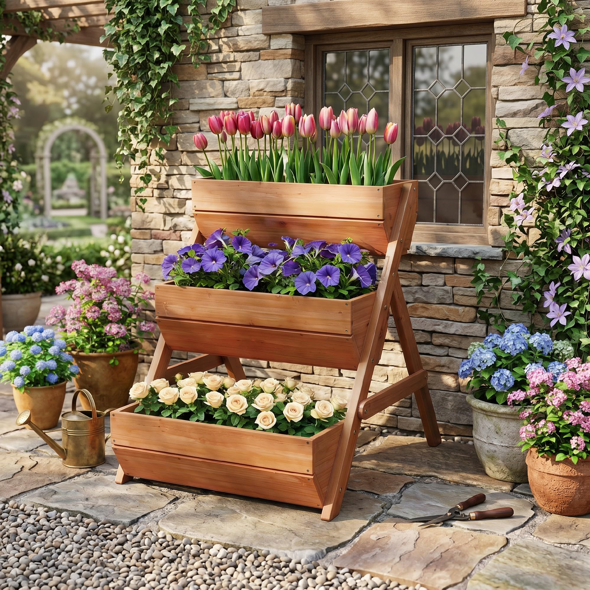 Outsunny Vertikales Hochbeet mit 3 Etagen aus Holz 65 x 75 x 76 cm Braun | Vertikalbeet, Blumenkasten, 3 Pflanzkästen, Ablauflöcher, Blumenbeet, Kräuterbeet, Blumentreppe, Terrasse Balkon Garten