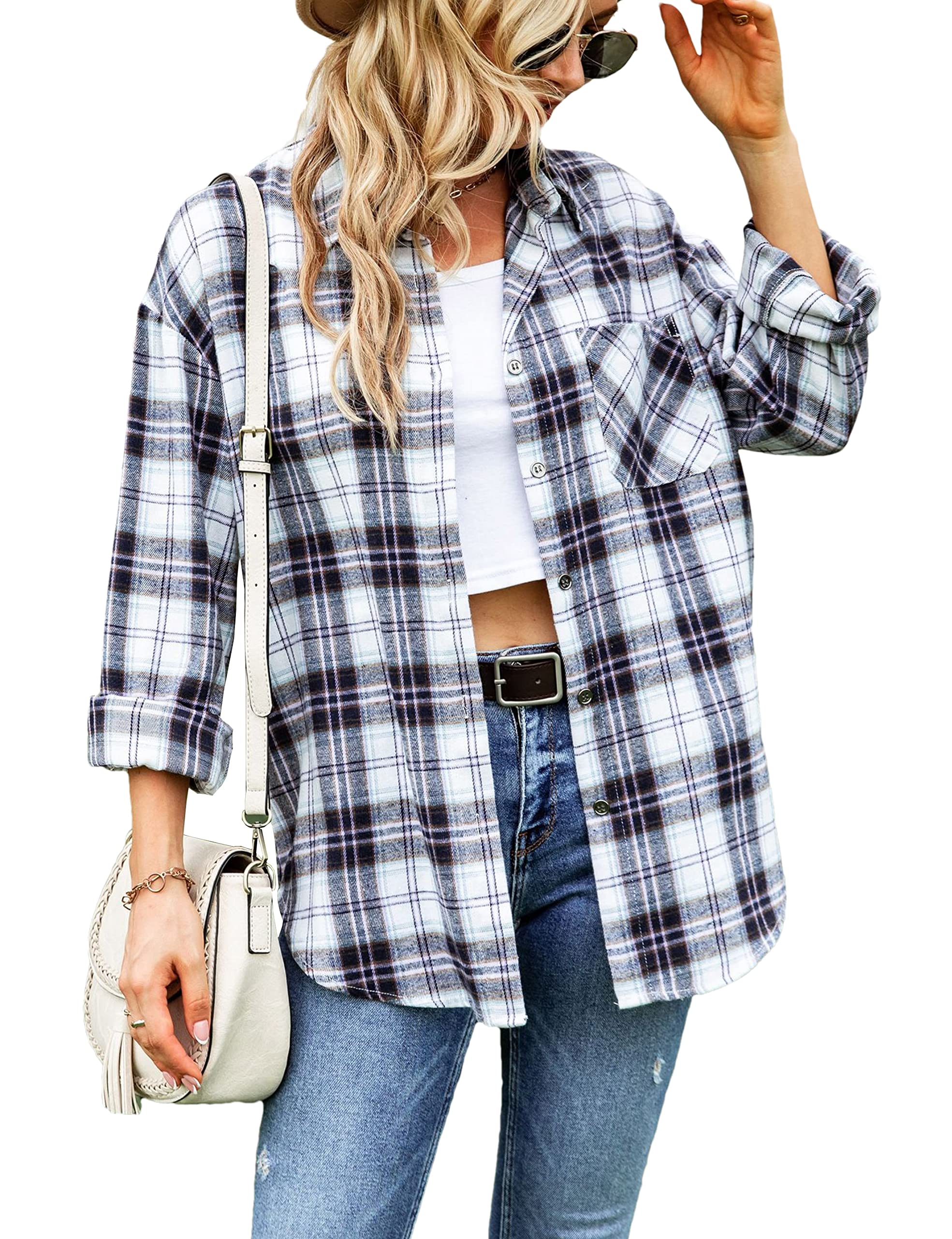 Megfie Camisa de Mujer de Franela Suave a Cuadros con Botones de Manga Larga Enrollable a Cuadros para Mujer