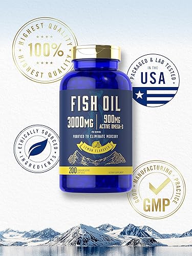Miniatura 5 de Carlyle Aceite de pescado de 3000 mg | 900 mg de Omega 3 | 200 cápsulas blandas | Sabor a limón | Suplemento sin OMG y sin gluten