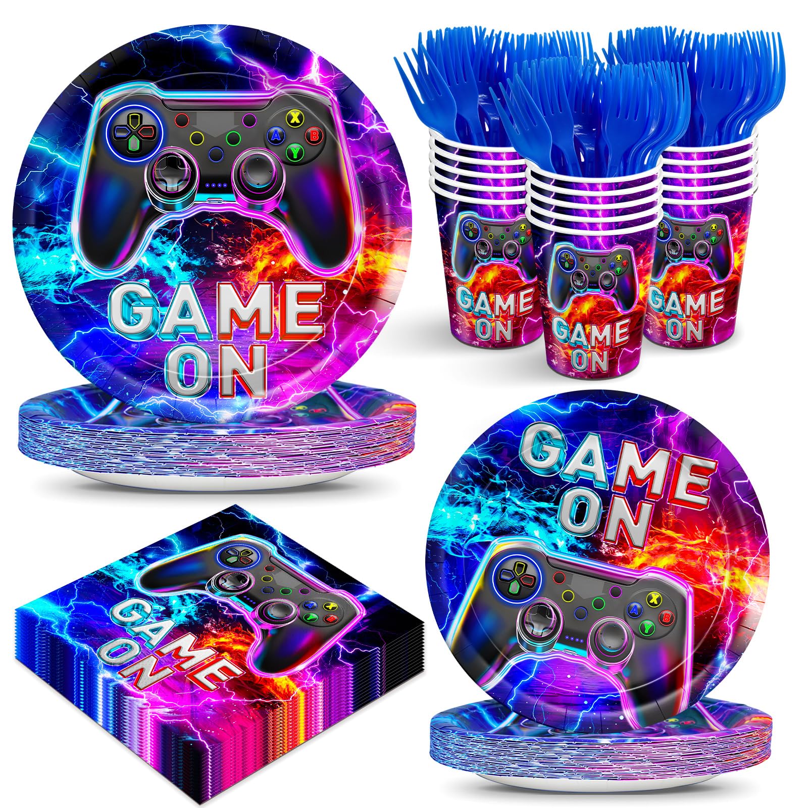 120pcs Video Game Party Plates Napkins Game on Birthday Party Supplies Neon Video Ppaer Cup Gaming Tableware Party Supplies for Boys Girls Gamer Party