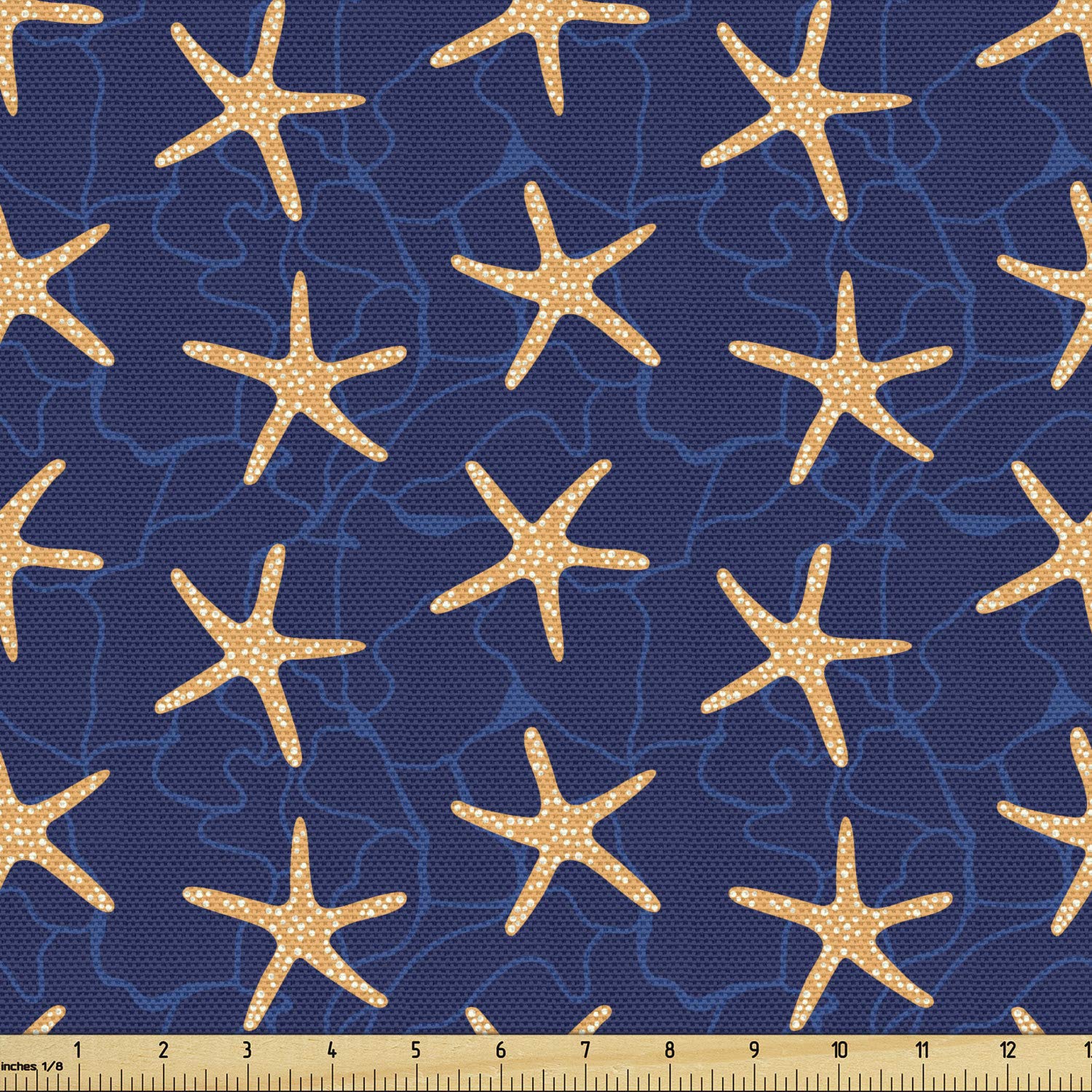 Ambesonne Starfish Fabric by The Yard, Underwater Creatures in Deep Sea Ocean Waves Adventure Marine Nautical Theme, Decorative Fabric for Upholstery and Home Accents, 3 Yards, Navy Blue Peach