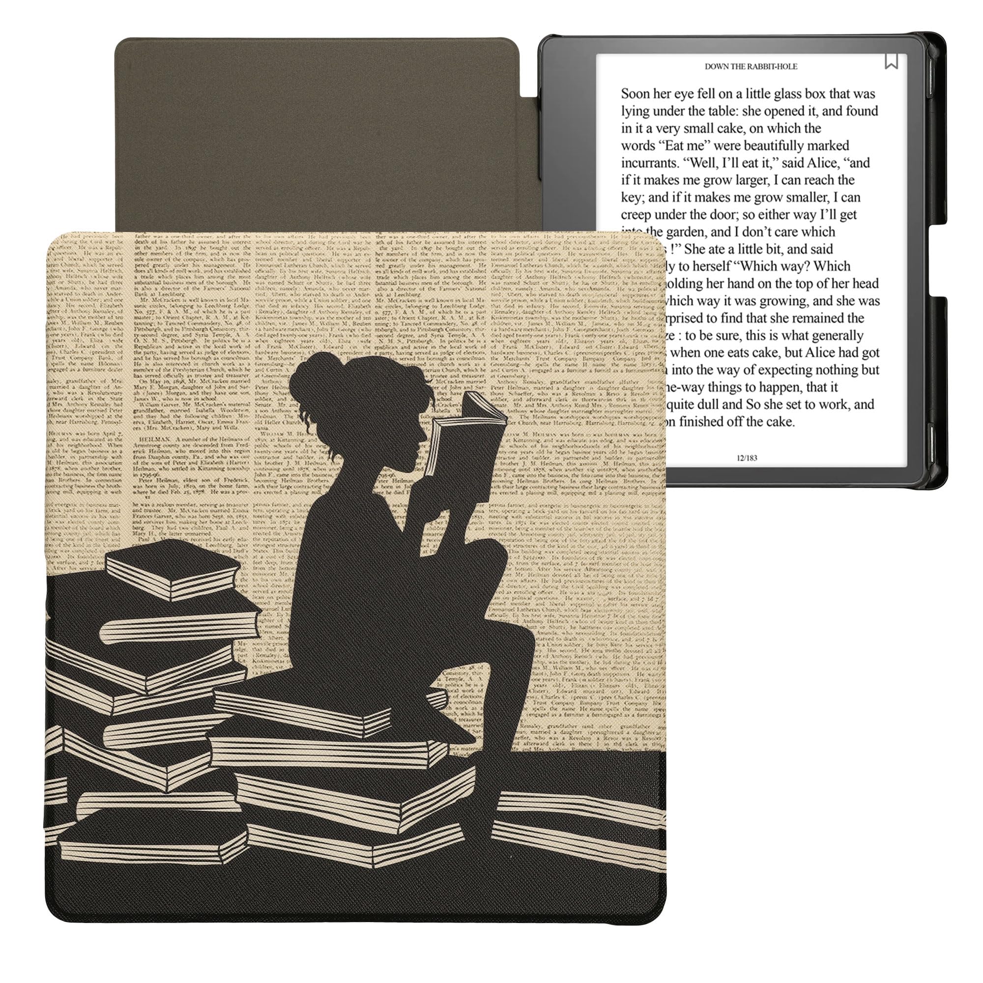 kwmobile Etui na czytnik e-booków kompatybilne z Amazon Kindle Scribe - Zamknięcie magnetyczne - Etui na czytnik - Dziewczyna z książkami w kolorze czarnym/beżowym