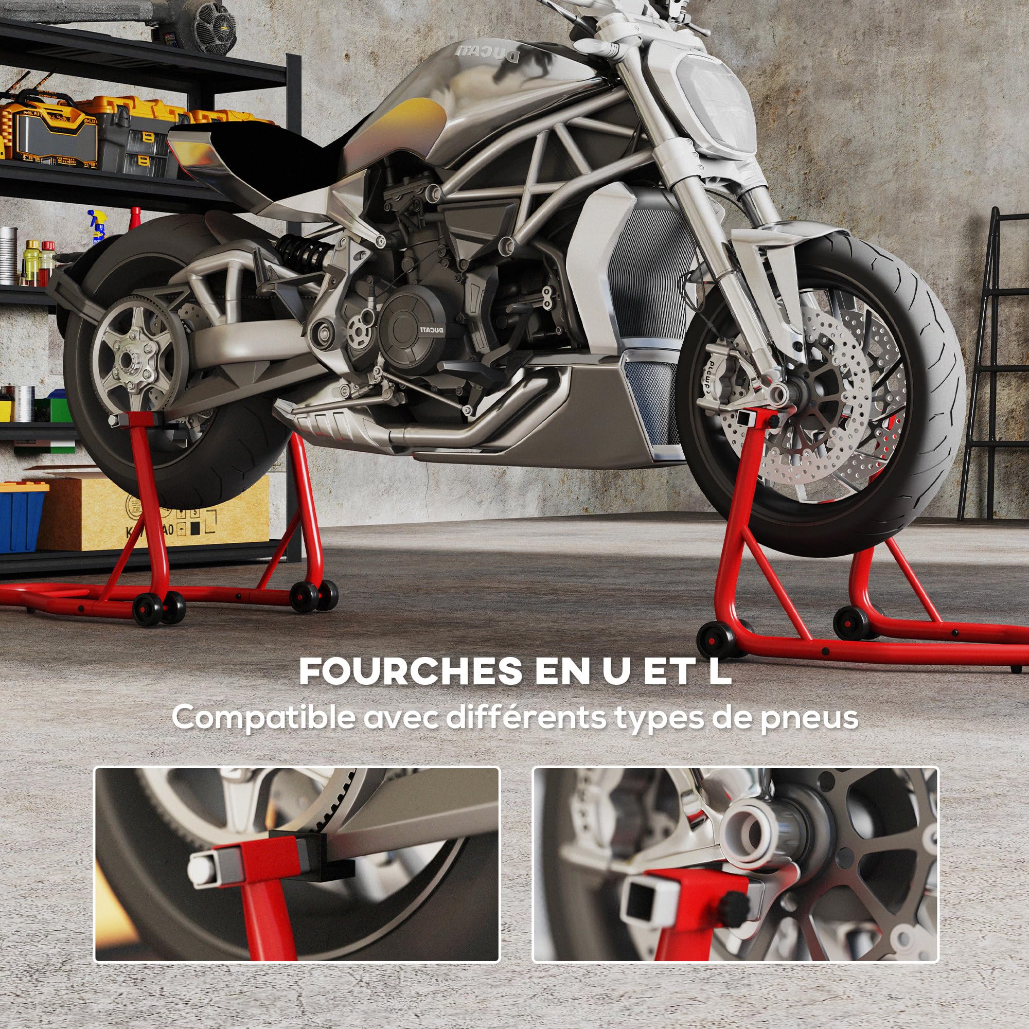 HOMCOM Béquille Moto pour Roue Arrière Charge150kg Béquille d'Atelier Rouge