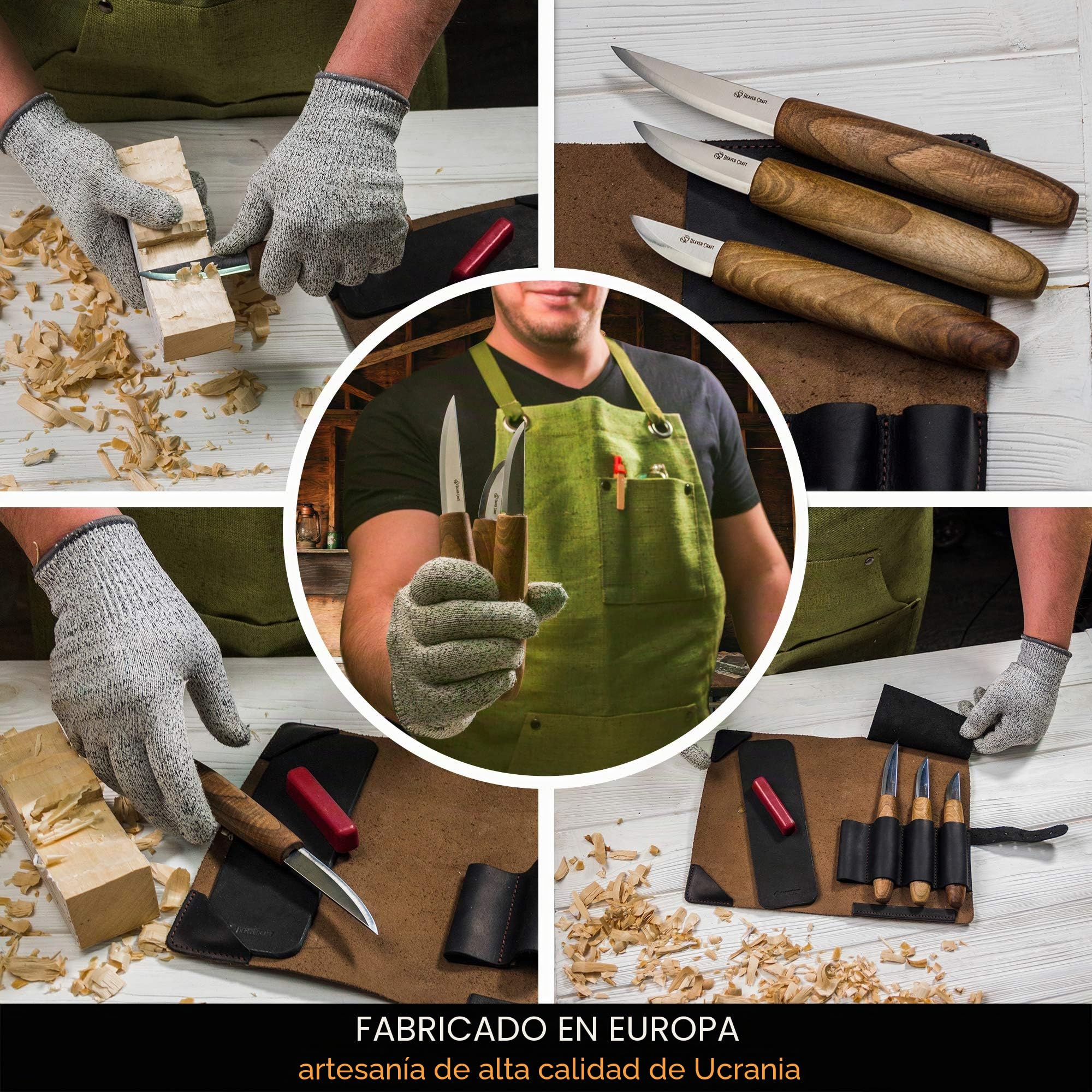 BeaverCraft, Juego de Herramientas de Tallado de Madera de Lujo S19x, Juego de Cuchillos para Tallar Madera con Afilador de Cuero y un Compuesto para Pulir en una Bolsa de Herramientas de Cuero