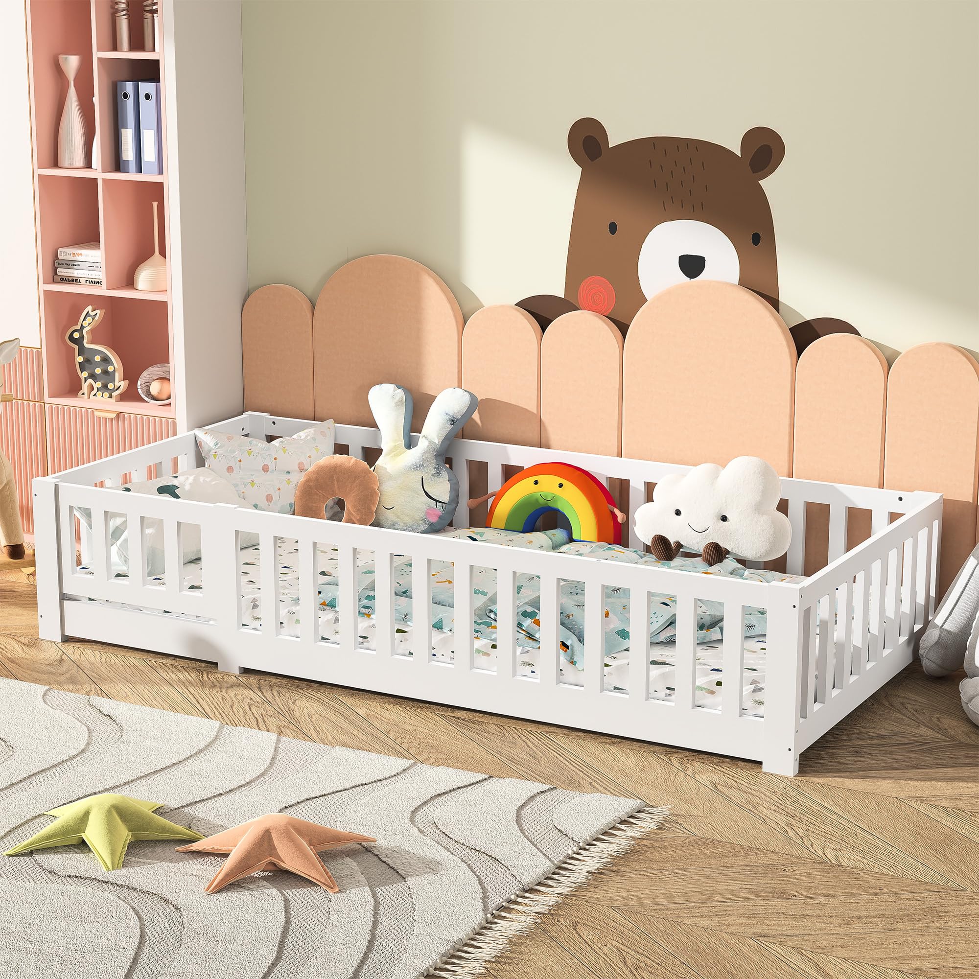 Bodenbett Kinderbett 90x200 cm, Montessori Bett Kinder mit Rausfallschutz inkl. Lattenrost, Einzelbett mit Babytür, Rahmenbetten aus Kiefer Massivholz, Bettgestell Jugendbett, Weiß