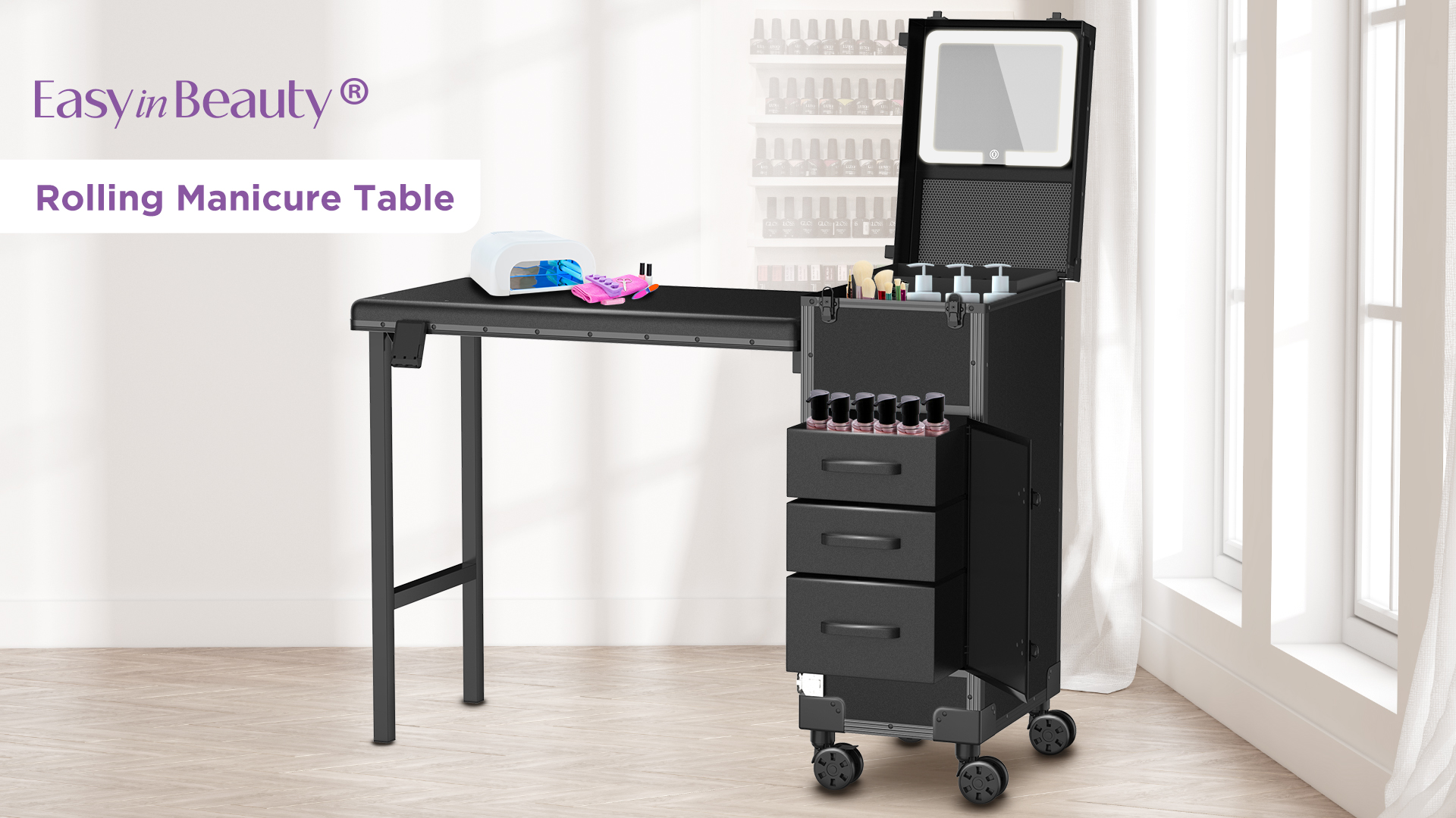 EASYINBEAUTY Rolling Portable Manicure Table with 3 Drawers