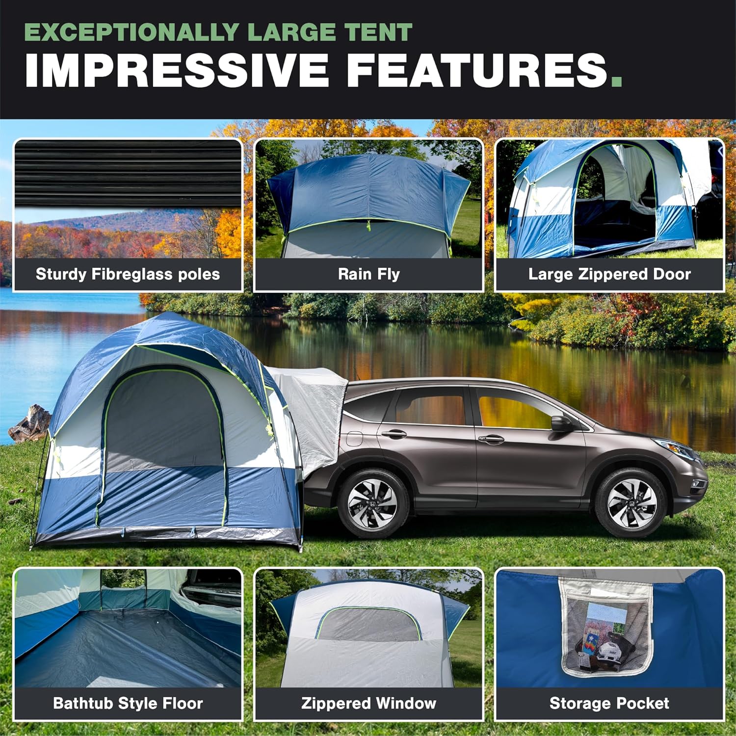 Universal SUV Camping Tent - Up to 8-Person Sleeping Capacity, Includes Rainfly and Storage Bag - Car Tailgate Glamping Tent - 8'W x 8'L x 7.2'H Gray and Blue