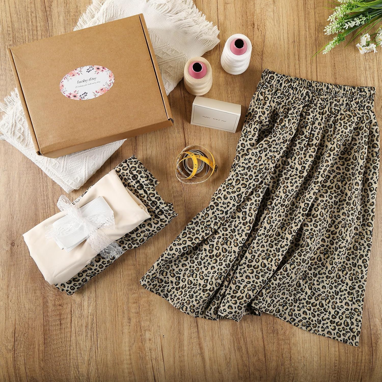 Leopard Print A-Line Skirt DIY Sewing Kit, Double Layer Fabric with Lining, Pattern, Thread, Instructions, Gift Box Set, Brown, S-L