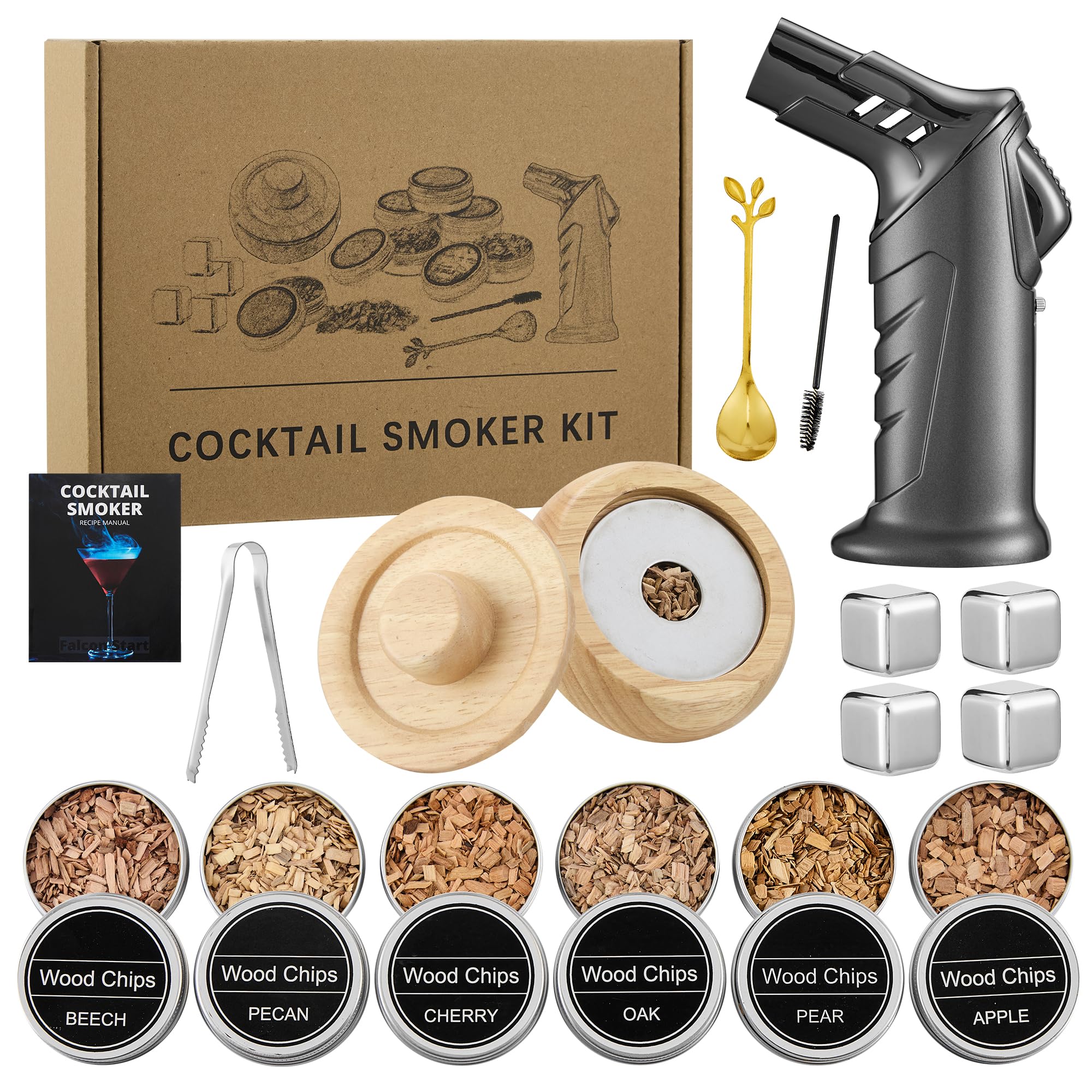 Zestaw wędzarniczy do koktajli – zestaw do whisky z 6 drewnianymi chipsami, 4 kamieniami do whisky ze stali nierdzewnej i ulepszonym palnikiem – zestaw do wędzenia w stylu Old Fashioned i