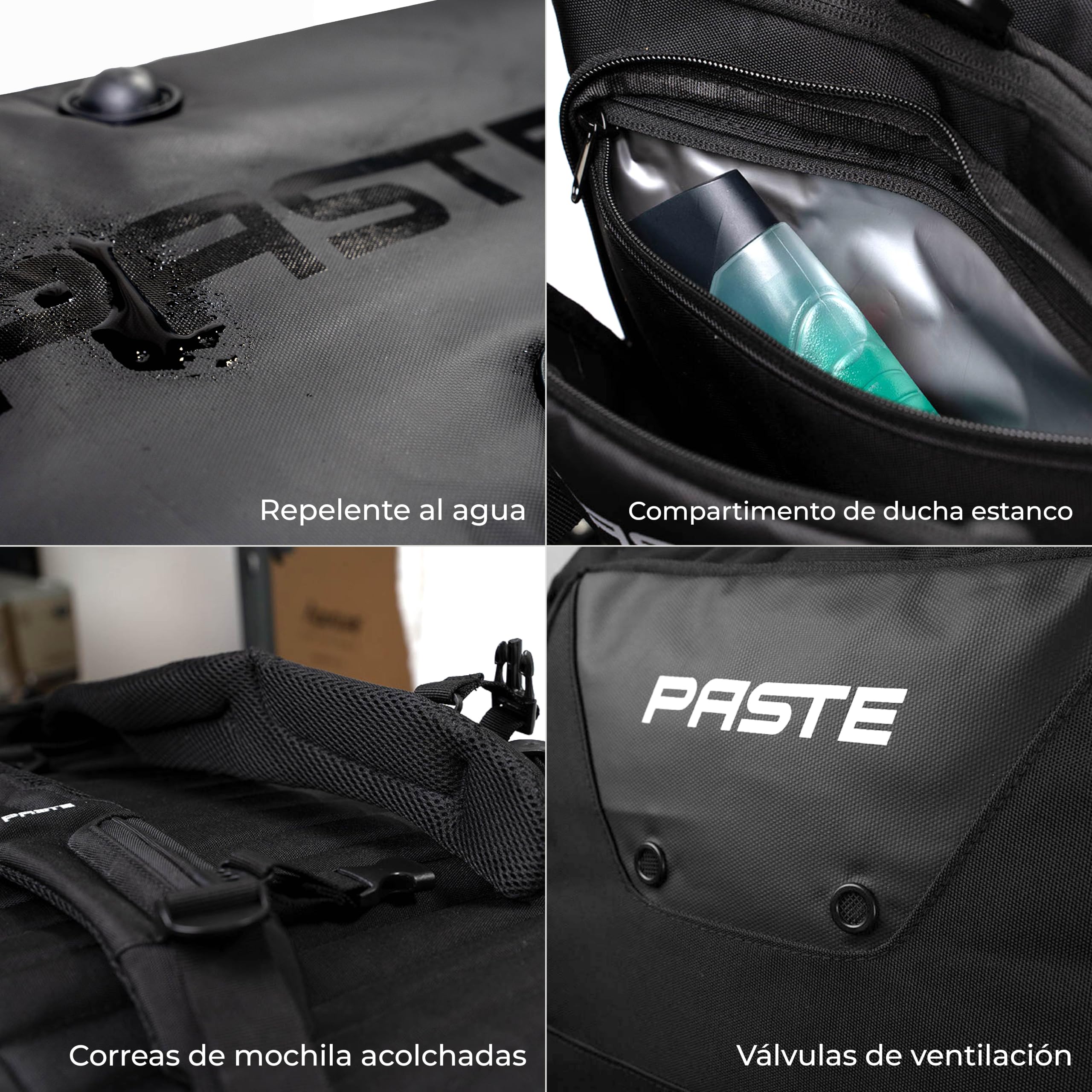 PASTE® - Bolsa Deporte 68L Hombre & Mujer con Función Mochila – Compartimento Zapatos, Isotérmico & Húmedo – Mochila Gym, Fútbol & Natación – Gym Bag & Bolsa de Viaje XL Negro