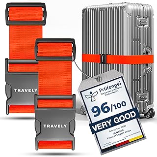 حزام شنط سفر من ترافلي - حزام لافت للنظر وآمن بشكل مميز - مع بطاقتي اسم - حزام شنط سفر مثالي للاستخدام بشكل متقاطع - مجموعة من قطعتين - برتقالي