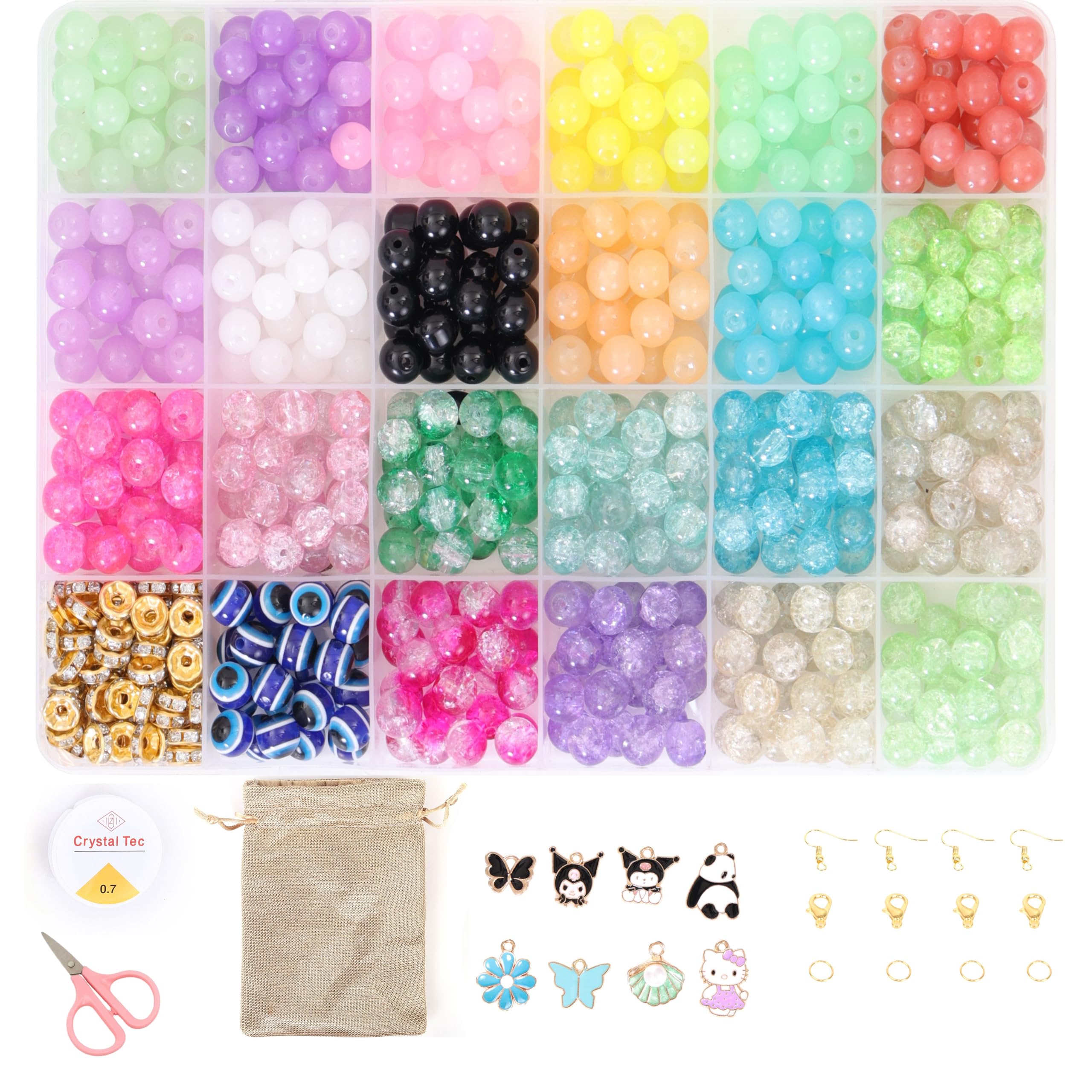 Ambitieux Children Jewelry Making Craft Bracelet Kits set for Kids - DIY 24 Compartment Box, 350+ Colorful Beads, Ear Hangings, Lobster Locks & Rings , 8 Pcs of Charms With Accessories - Birthday Gift for Girls 4 5 6 7 Years Packed in a sturdy corrugated box(Glass Beads Kit)