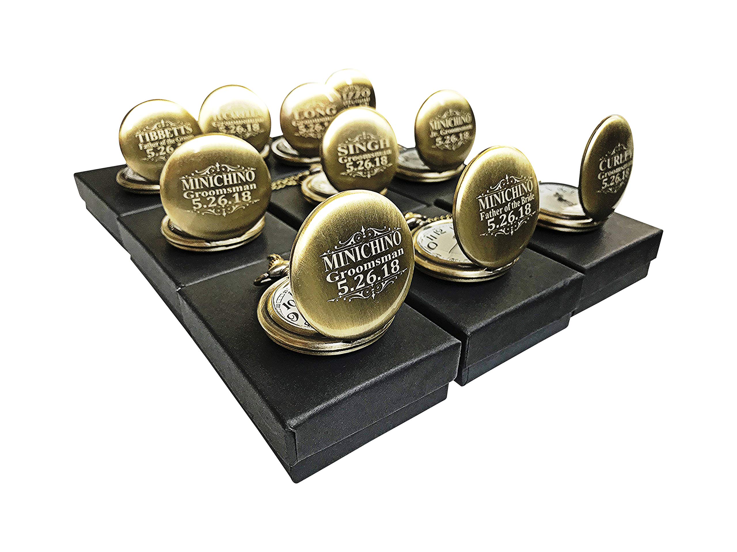 Personalized Pocket Watches, Set of 10 Groomsmen Wedding Unique Gifts, Chain, Box and Engraving Included, Comes in 4 Colors (Gold Vintage)