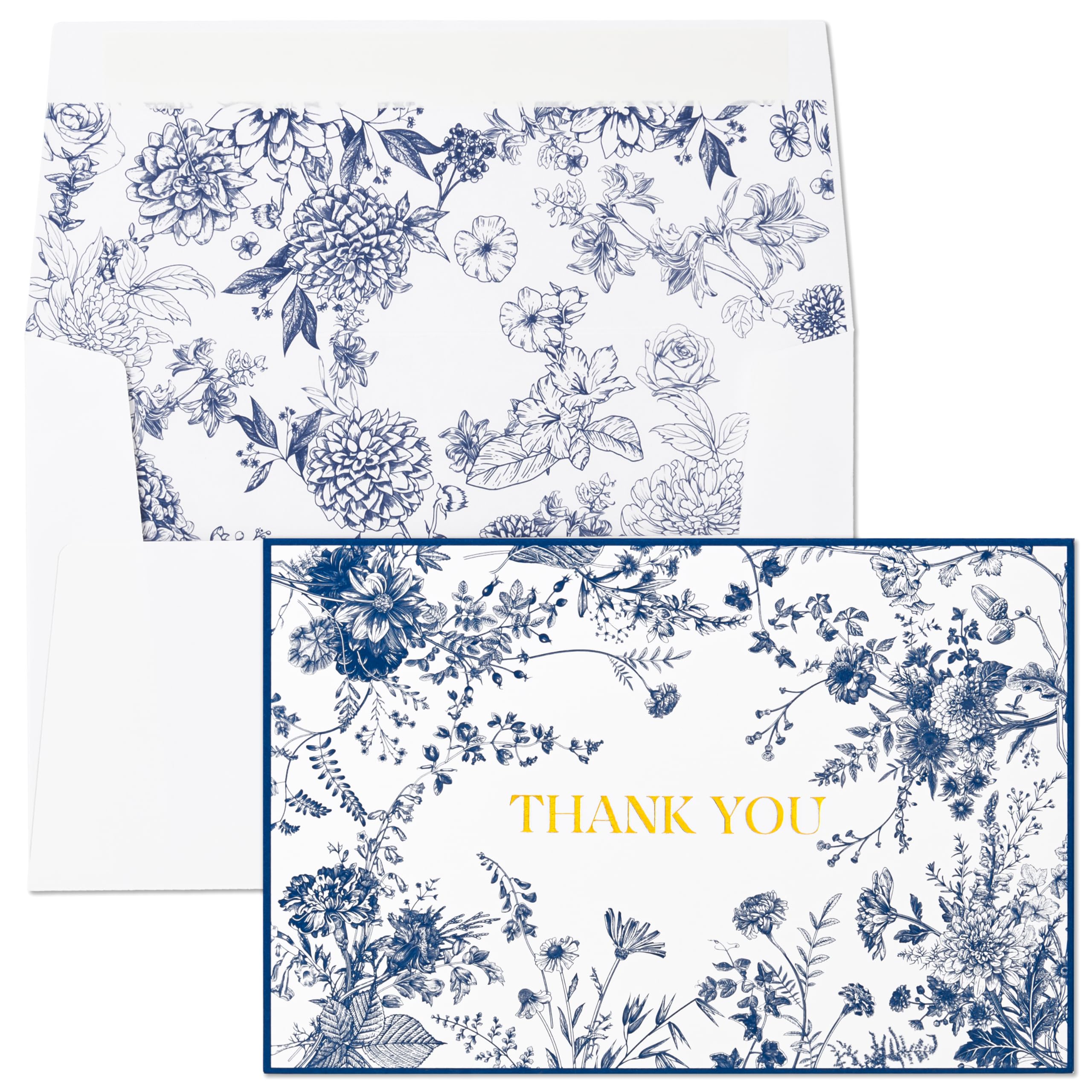 Crisky Lot de 50 cartes de remerciement à motif floral bleu marine avec enveloppes, feuille d'or pour anniversaire, fête prénatale, fête prénuptiale, mariage, remise de diplôme