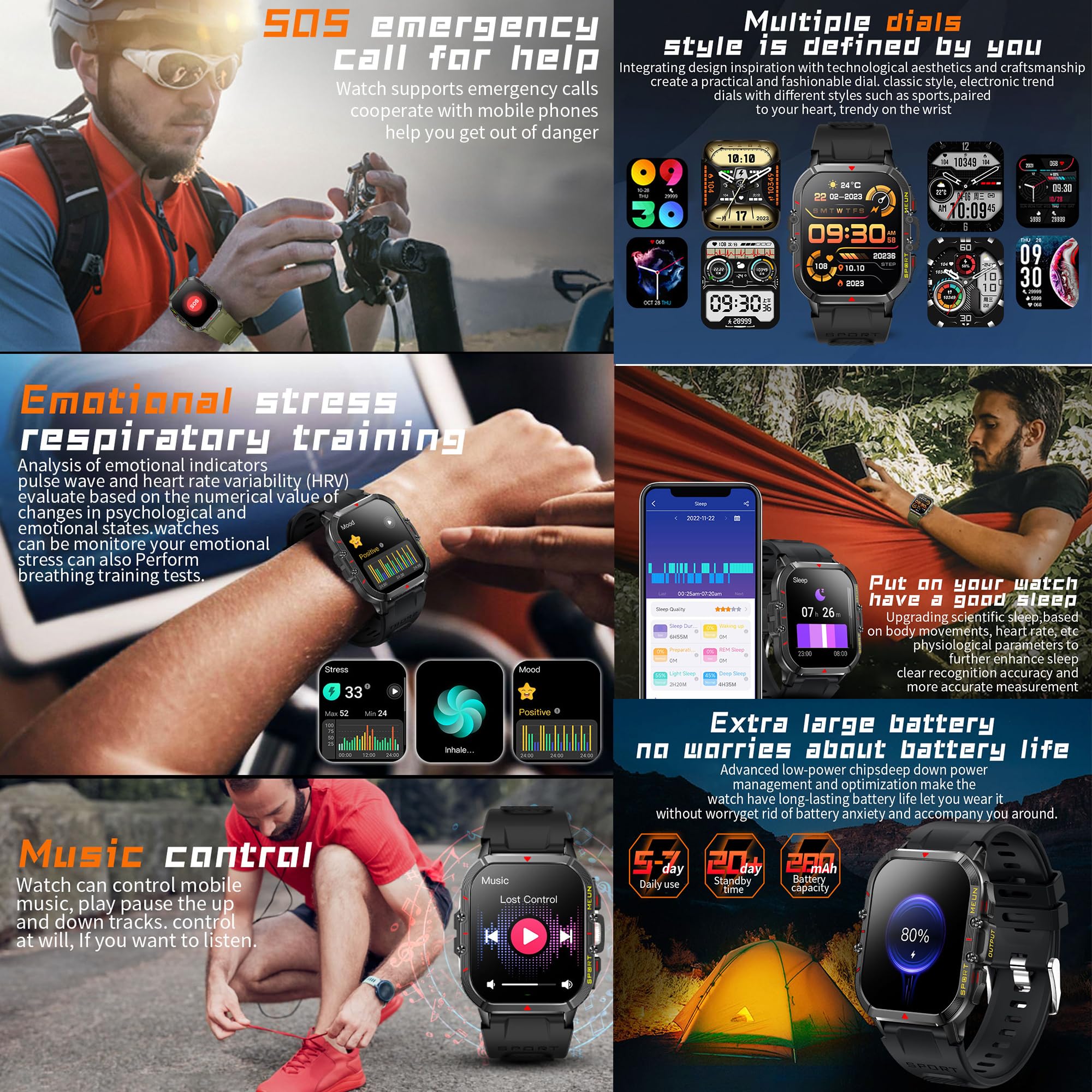 Smartwatch Mężczyźni, 1,96'' HD Inteligentny Zegarek Który Może Wykonywać i Odbierać Połączenia, zegarek Tracker Fitness Monitor Uśpienia Krokomierz Sportowy Kompatybilny z Android IOS