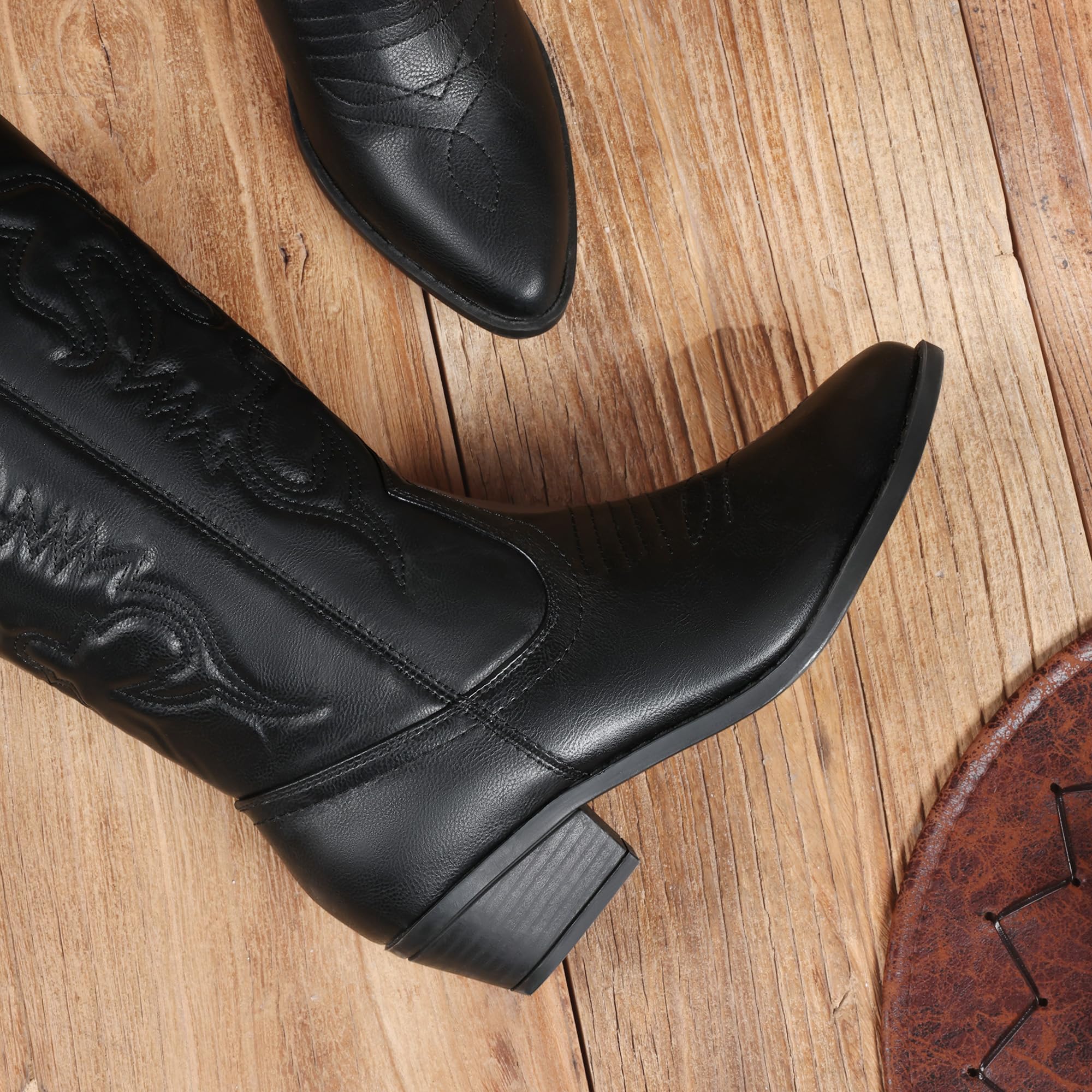DREAM PAIRS Bottes Western Femme Boots Cowboy Mi-Mollet à Enfiler Style Cowgirl Bottines