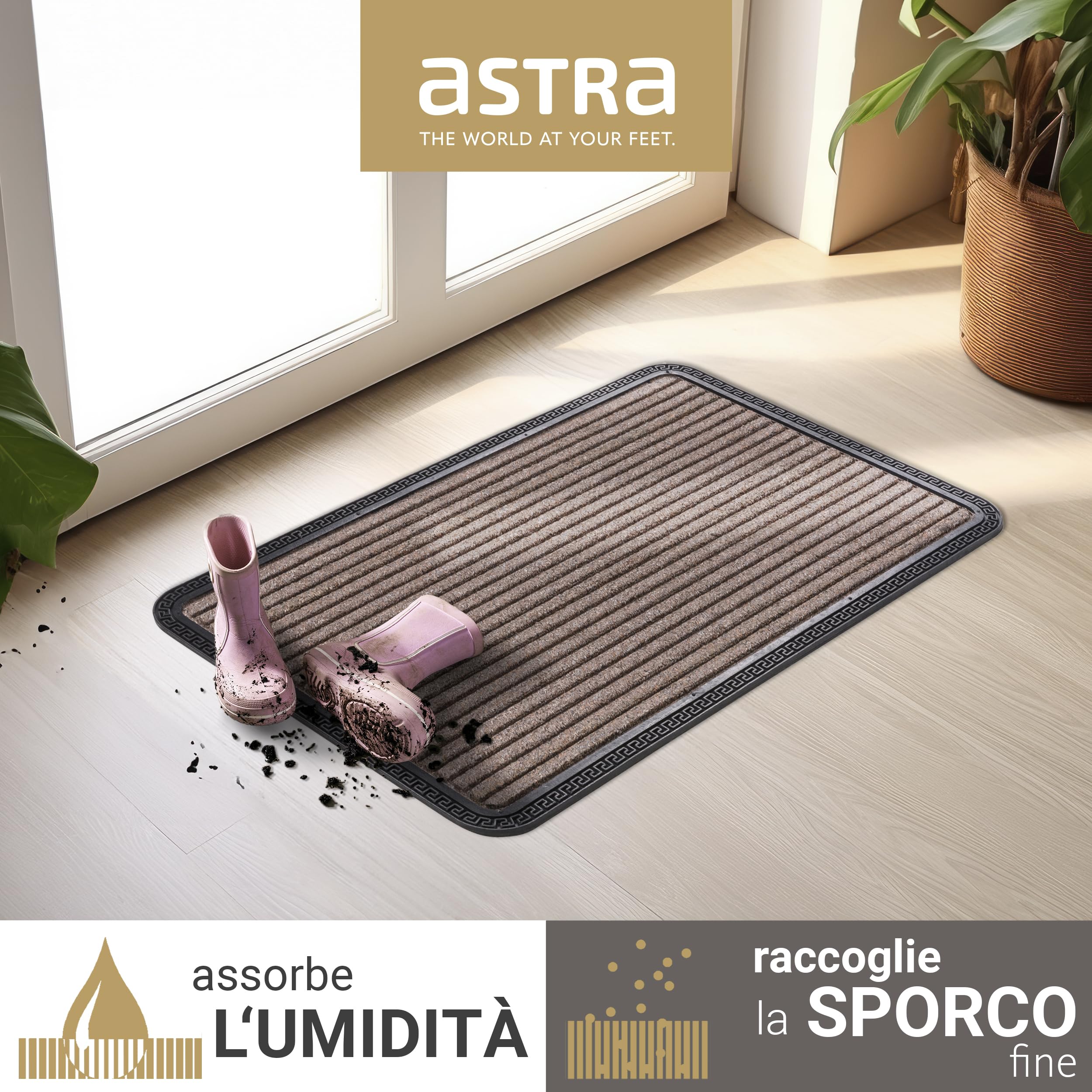 Astra Zerbino per esterni e interni - 40 x 60 cm Linee marroni - Zerbino antiscivolo - Tappeto cattura-sporco molto resistente - Zerbino per gradini esterni