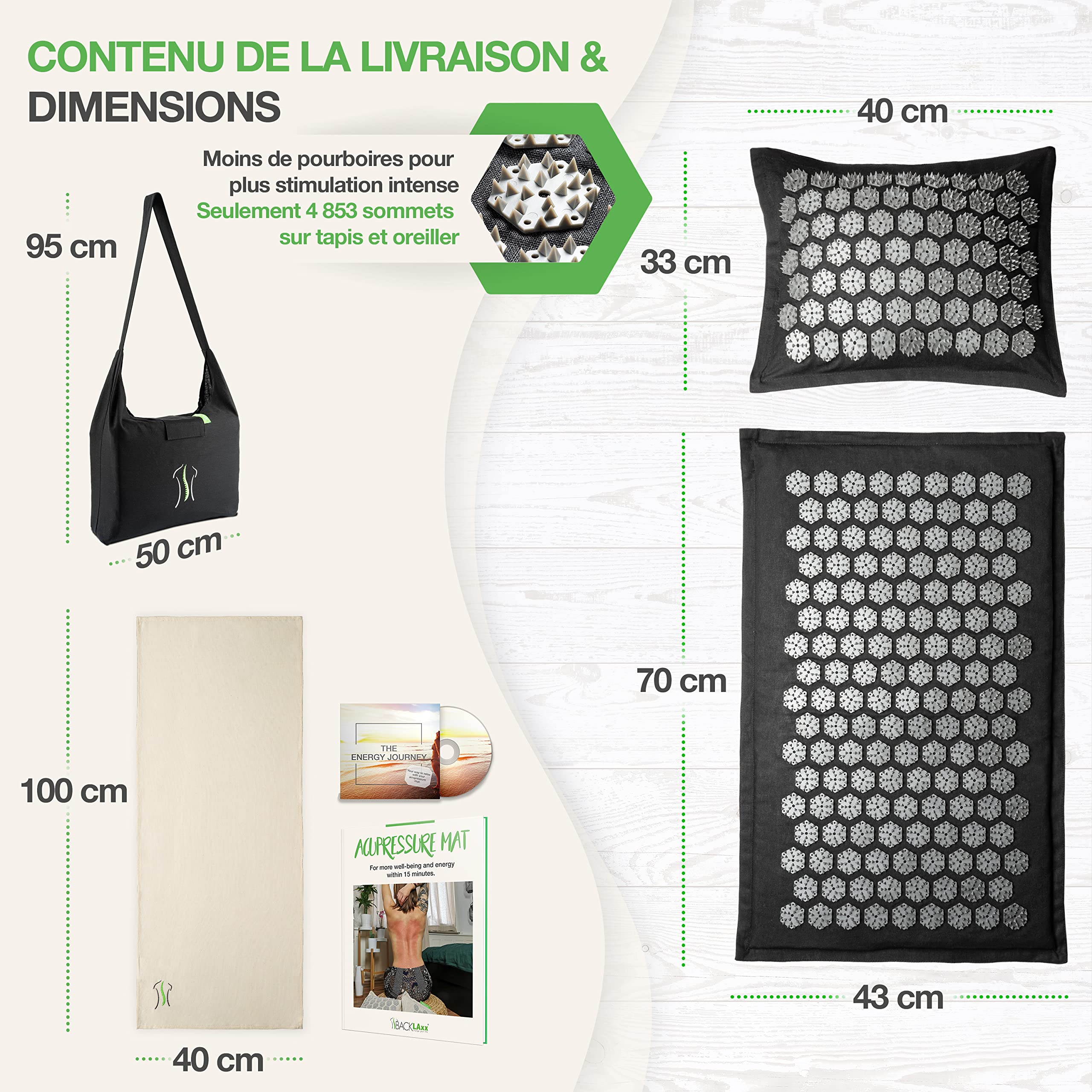 BACKLAXX® Tapis d'Acupression Intensiva avec Coussin, pour Confirmés | Stimulation extra intense: tapis acupression avec coussin, serviette & sac, tapis fleur à picots pour utilisateurs avertis