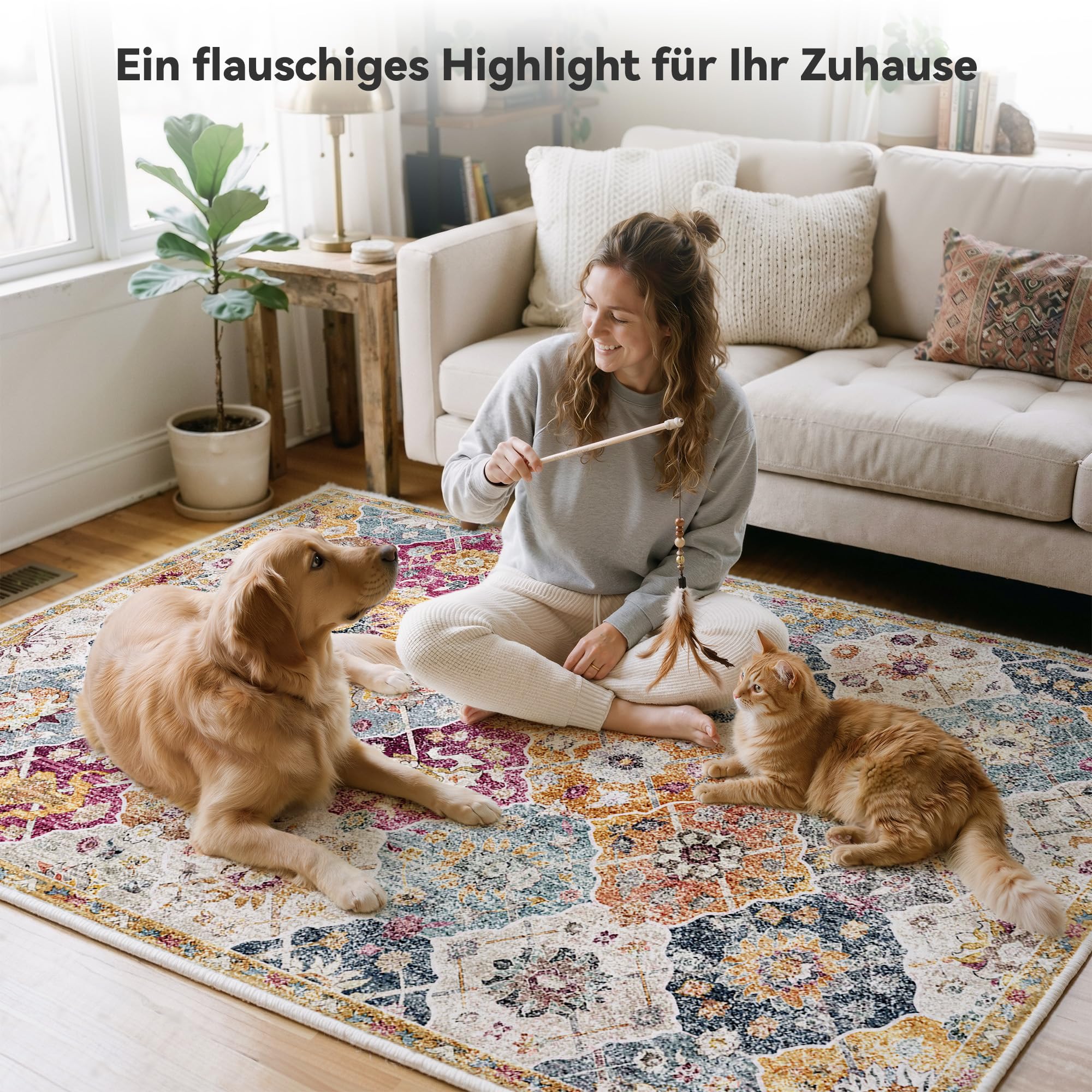 Boho Retro Wohnzimmer Teppich 160x230 cm, Kurzflor Teppich mit Blumenmuster, 1200g/m³ Polyester Maschinwaschbar mit Rutschfester TPE-Unterlage für Schlafzimmer, Esszimmer, Küche, läufer, Bunt