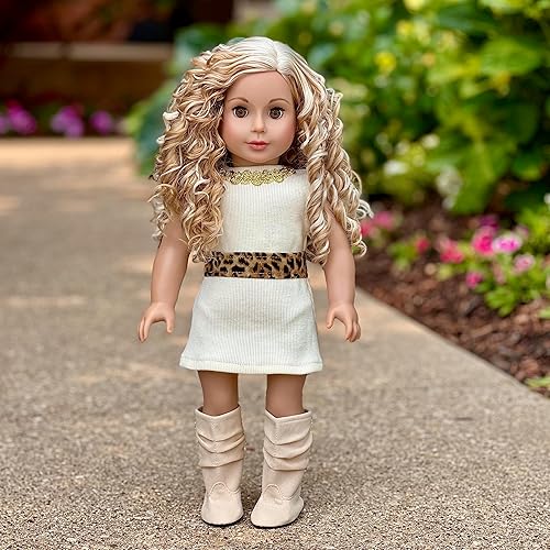 Miniatura 7 de Fashion Girl - Conjunto de muñeca de 3 piezas de 18 pulgadas - Abrigo de guepardo, vestido marfil y botas de marfil - (Doll no incluido)