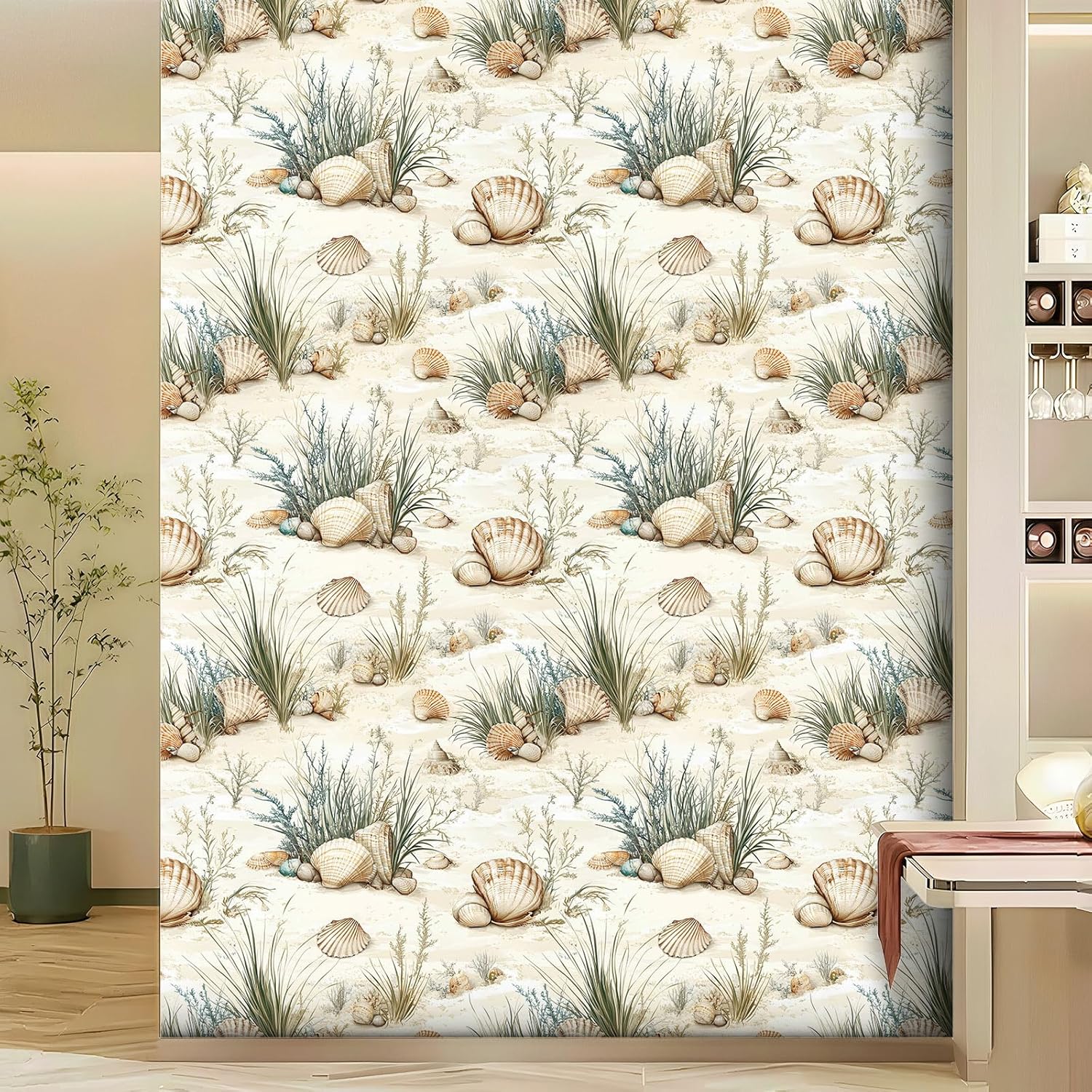 Coastal Seashell Peel and Stick Wallpaper, Beach Self-Adhesive Vinyl Wallpaper for Home Decor – 17.7" x 236"