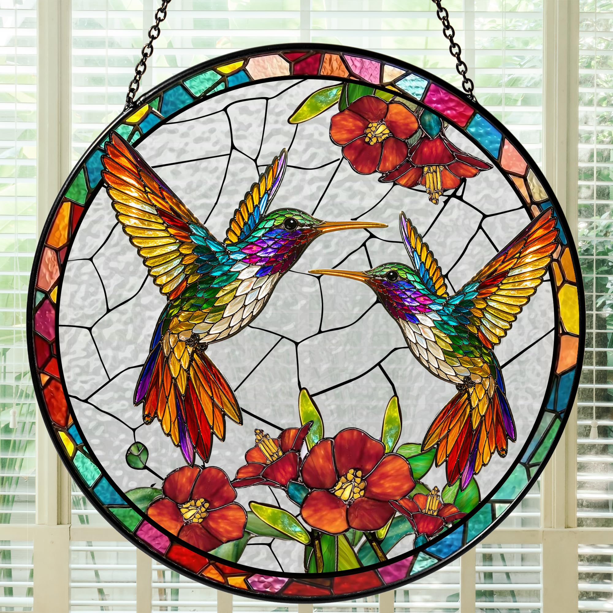 Bozspacer Humming Bird Stained Glass Suncatcher 6x6'' – Hummingbird Gifts for Women, Home Decor, Birthday, Christmas