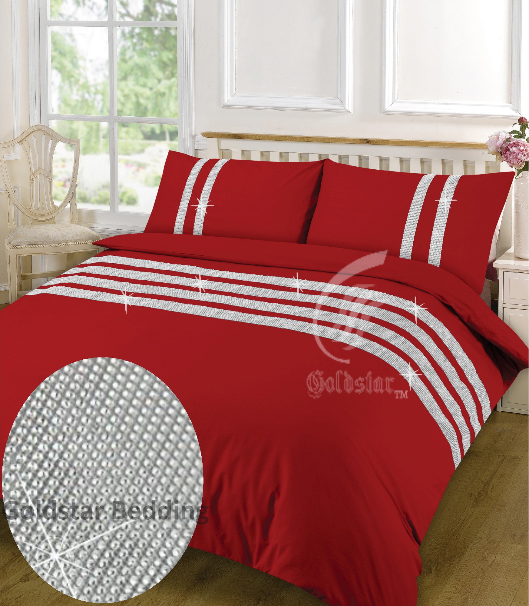 Goldstar® 100% Egyptian Cotton 200 Thread Lace Duvet Cover Quilt Cover Diamond Bedding Set (King, Diamante Lace Red)