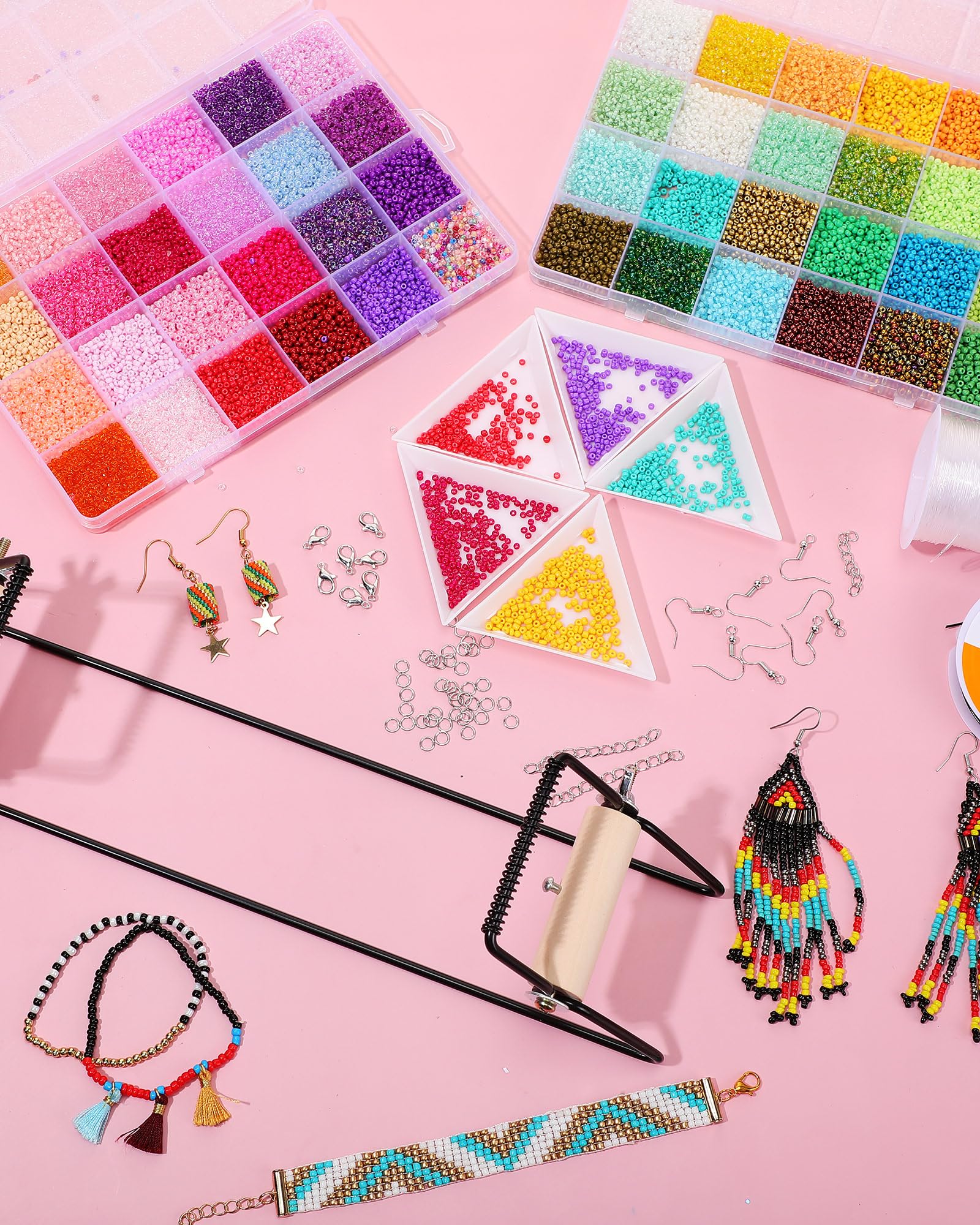 Jexine Bead Loom Kit for Adults 24000 Pcs Beading Loom Supplies with 48 Color 2 mm Glass Seed Bead Bracelets Christmas Jewelry Earring Making Tools Gifts for Girls DIY Craft - Image 5