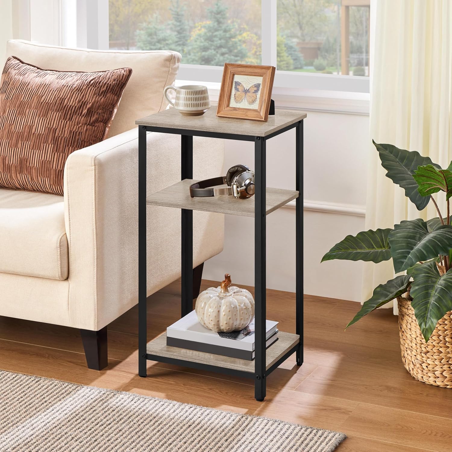 Yaheetech Tall End Table Set of 2, 18x14x29.5 inch Industrial Side Table with Strong Wooden Shelves, 2PCS Slim 3-Tier Telephone Table with Metal Frame for Living Room, Small Places - Gray