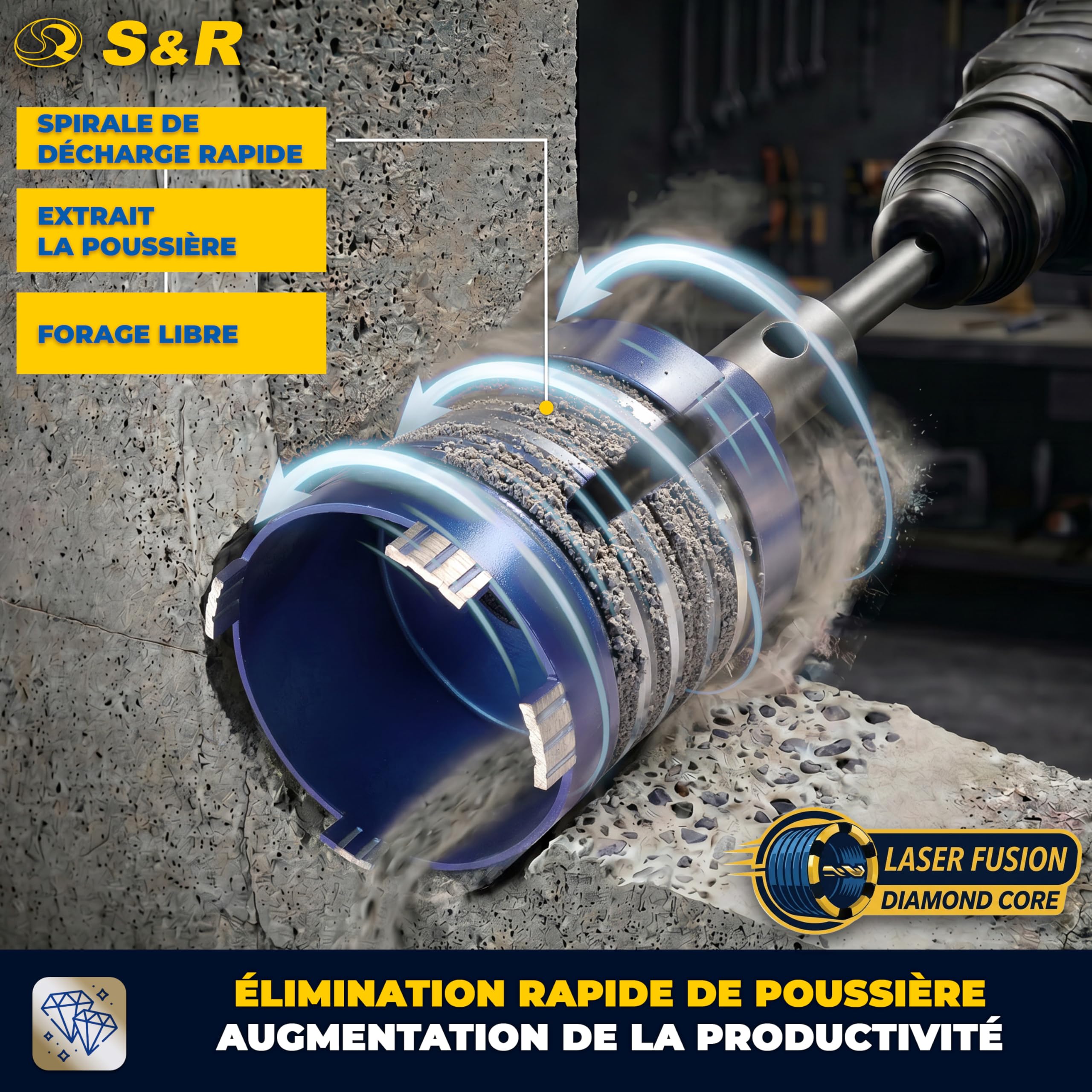 S&R Scie Cloche Trépan Béton 68mm. Foret Couronne Diamant Carotteuse 68. Scie Cloche Brique Marbre Maçonnerie. Adaptateur SDS Plus M16 et Foret Guide 8x110 mm