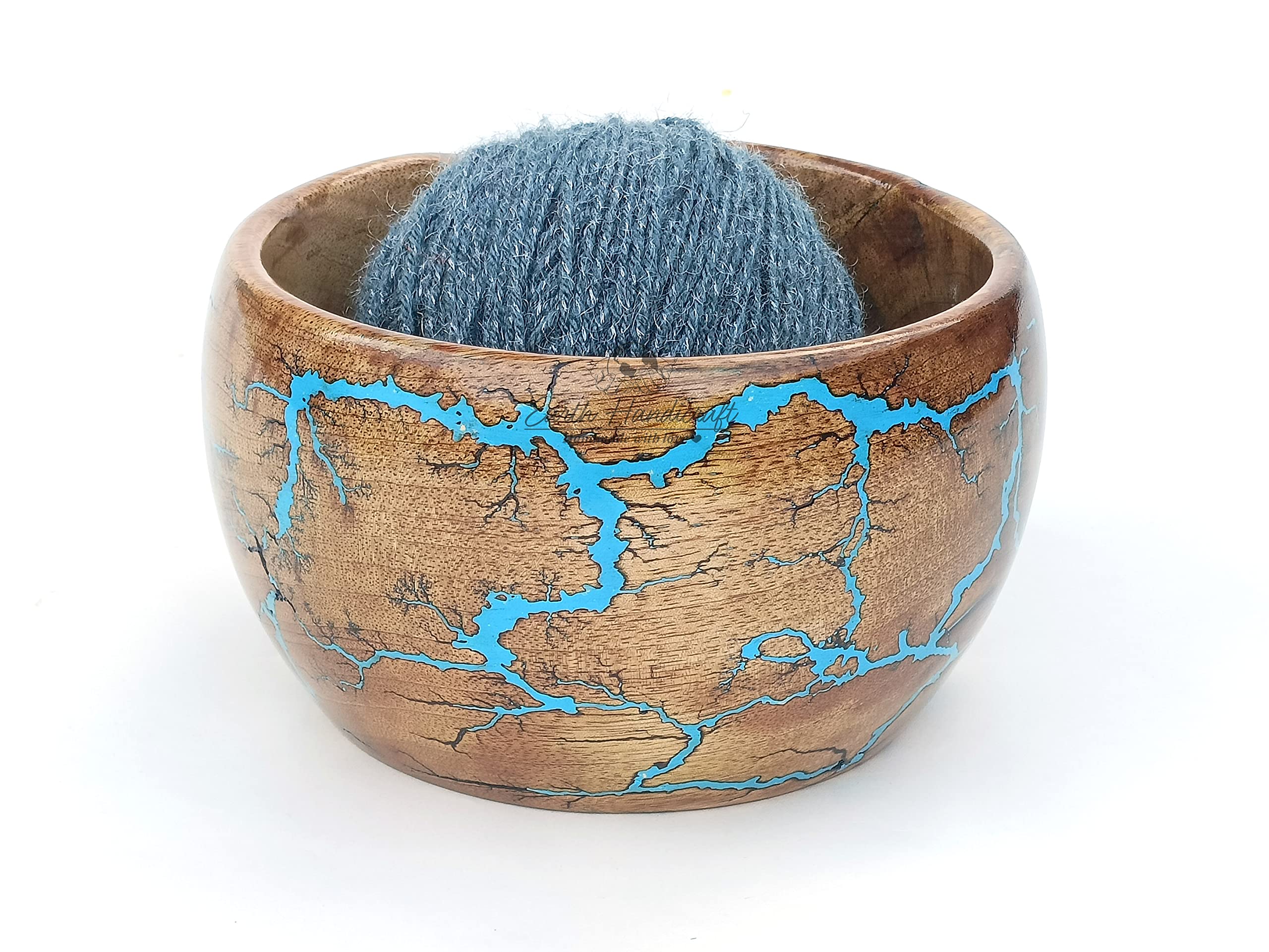 Bol en bois pour crochet bleu : grand support et organisateur de fil