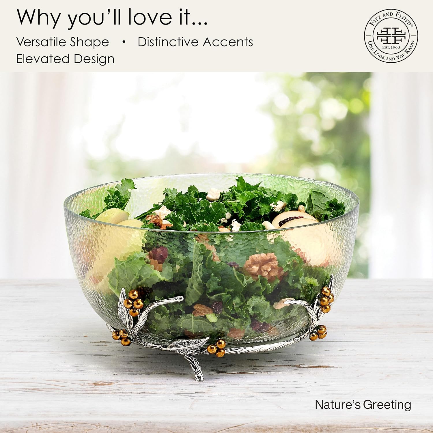 Fitz and Floyd Nature's Greeting Glass Centerpiece Serve Bowl, 5 Quart