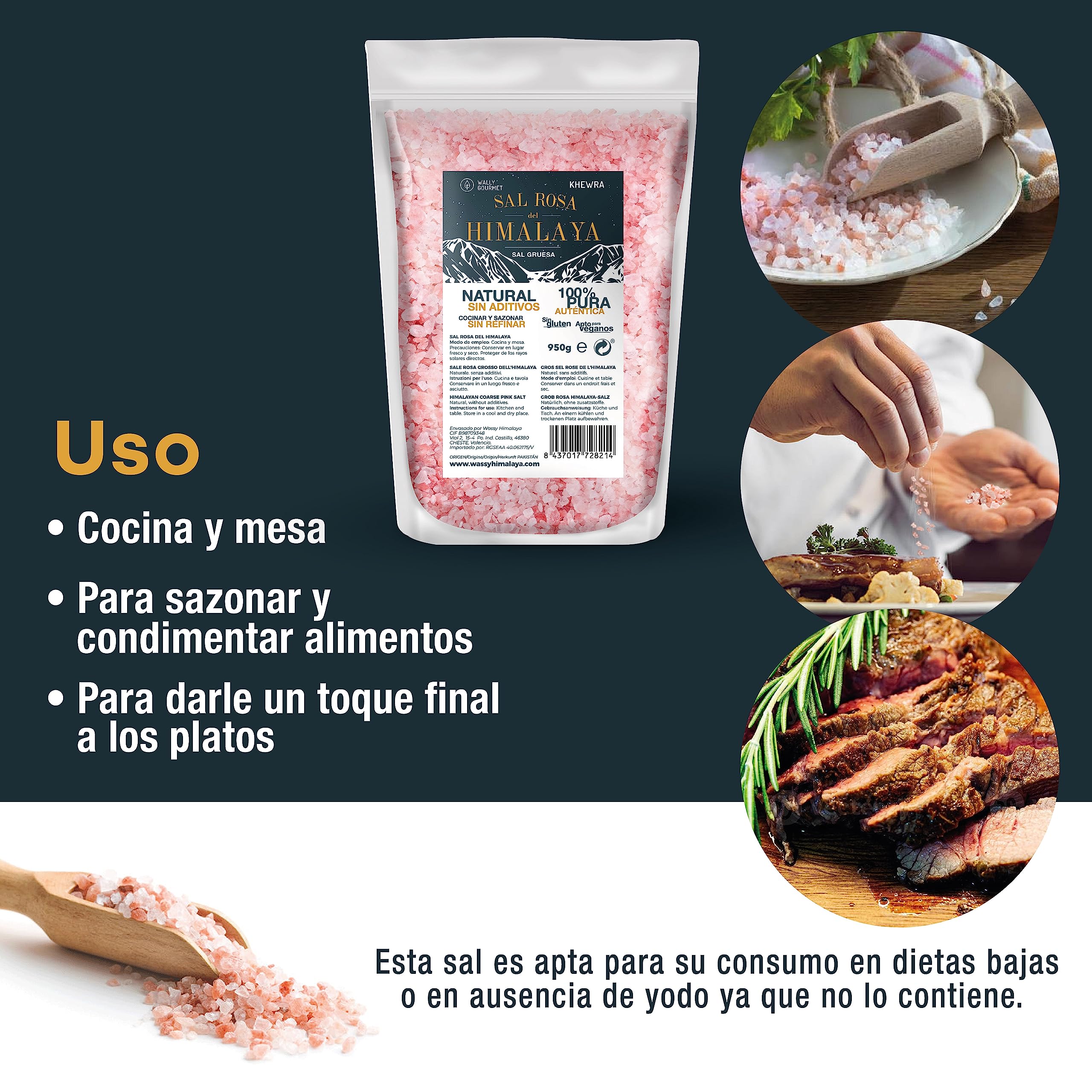 WALLY GOURMET Sal Rosa Del Himalaya Gruesa. 100% Natural, Sin Aditivos, Sin Refinado. Mayor Contenido En Oligoelementos. Para Sazonar Y Condimentar. Origen: Pakistán (950gr.)