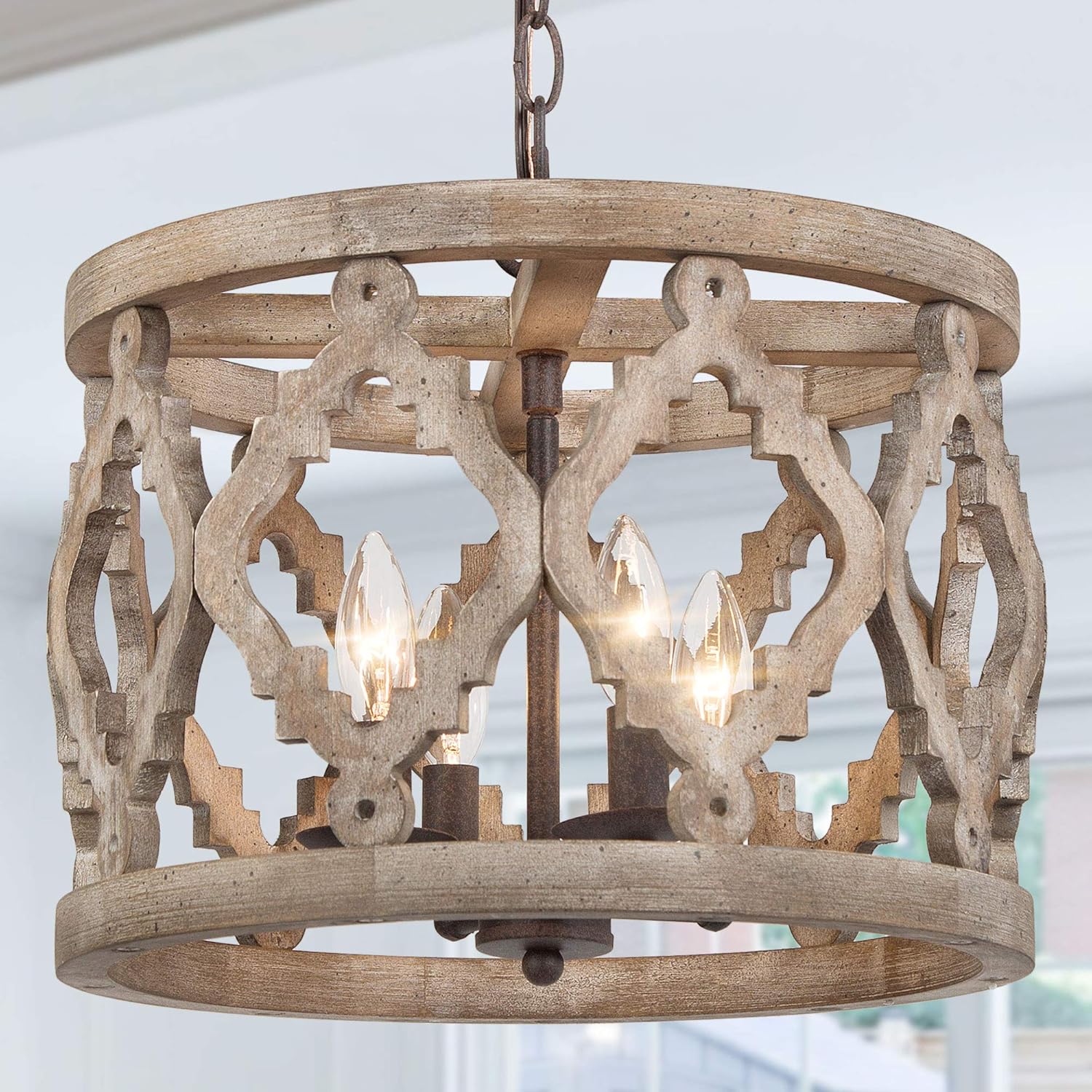 Farmhouse Chandelier for Dining Room, Wood Pendant Lighting for Kitchen Island, Foyer, 14” Dia