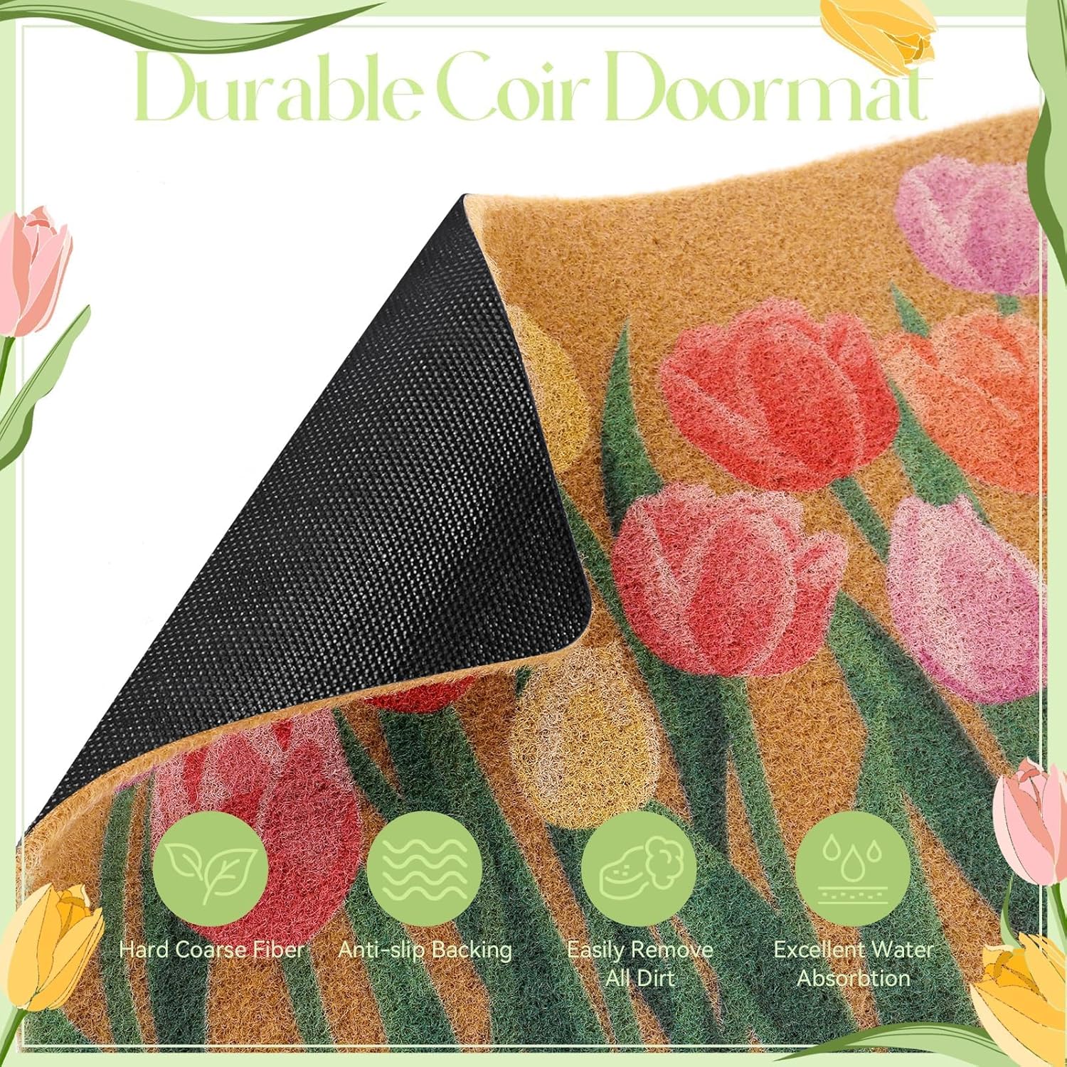 Dripykiaa Spring Coir Door Mat for Front Door 30''x 17'' Tulip Floral Welcome Mat with Anti-Slip Backing Indoor & Outdoor Use, Spring Tulip Floral Doormat for Outdoor Entrance,Perfect Home Decor