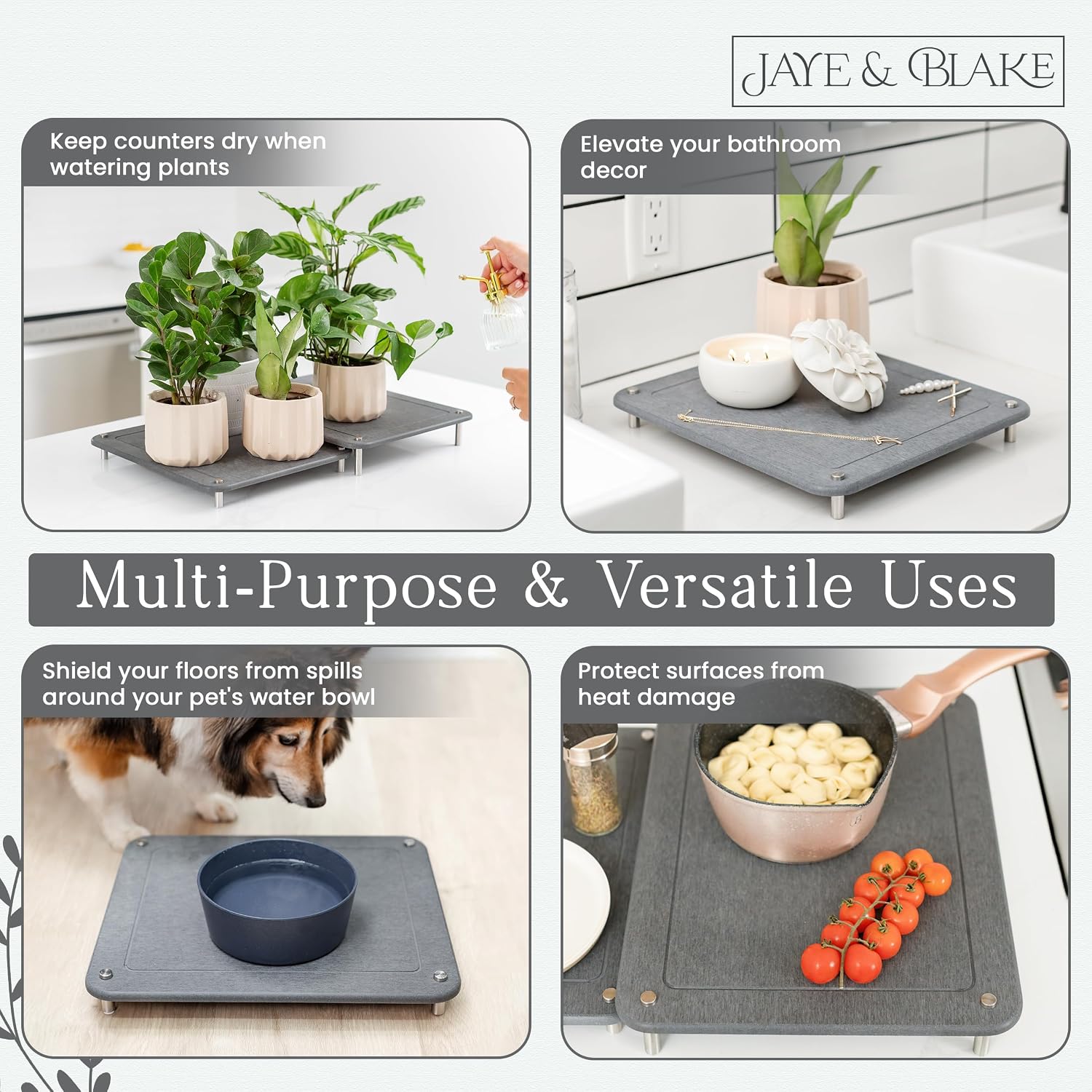 2 PCs Nesting Stone Dish Drying Mats for Kitchen Counter - Absorbent Quick Drying Diatomaceous Earth Stone Drying Mat with Non-Slip Feet - Heat Resistant & Odorless Dish Drying Stone Mat - Gray Solid