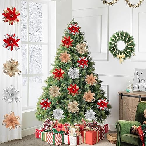 Miniatura 3 de Decoraciones para árbol de Navidad de 5.5 pulgadas, flores de Pascua con purpurina, 24 adornos para árbol de Navidad con clips, decoraciones