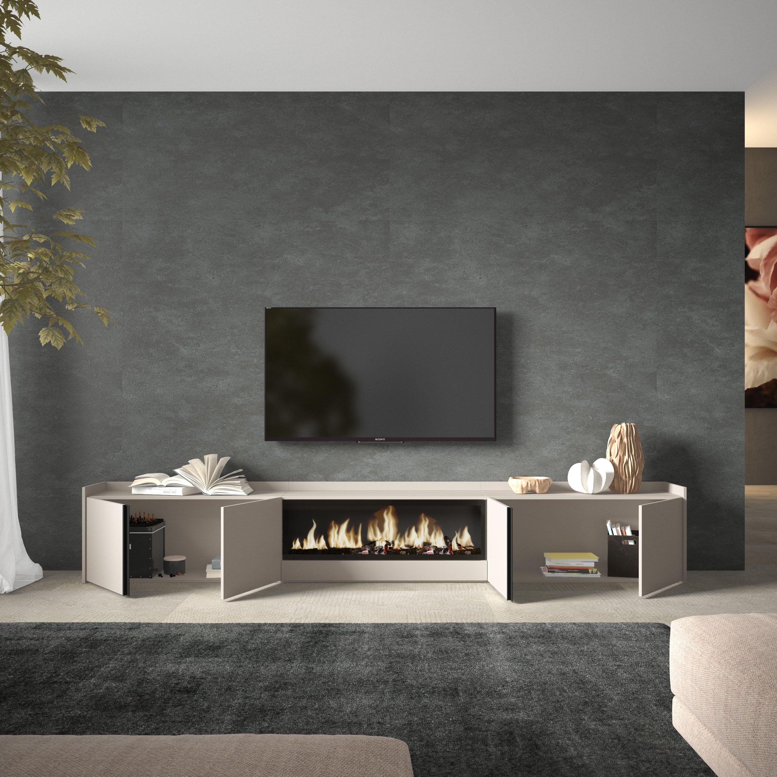 Skraut Home | Meuble TV | Banc Télé | Grand Espace de Rangement | 315x50x35 cm | pour écrans jusqu'à 80" | Cheminée électrique XXL | Style Moderne | Beige