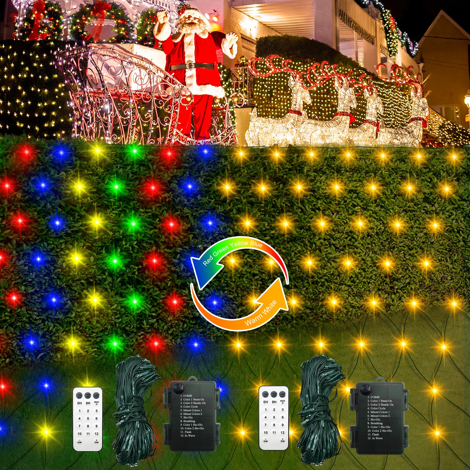 2 Pack Battery Operated Christmas Net Lights, 1.5m x 1.5m 100 LED Color Changing Fairy Lights with Timer Dark Green Wire Mesh Lights for Christmas Tree Garden Backyard Décor (Warm White & Multicolor)
