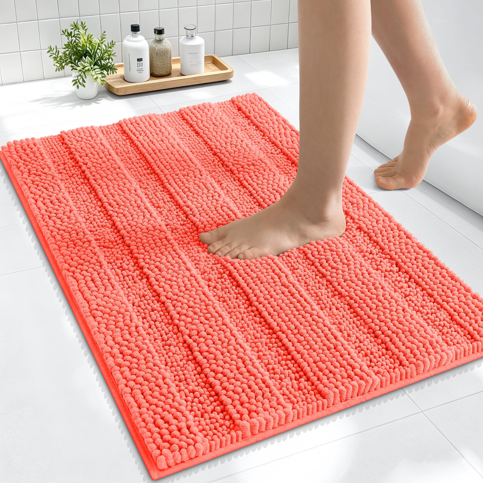 Smiry Thick Small Chenille Bathroom Rugs 24x16, Absorbent Bath Mat, Coral