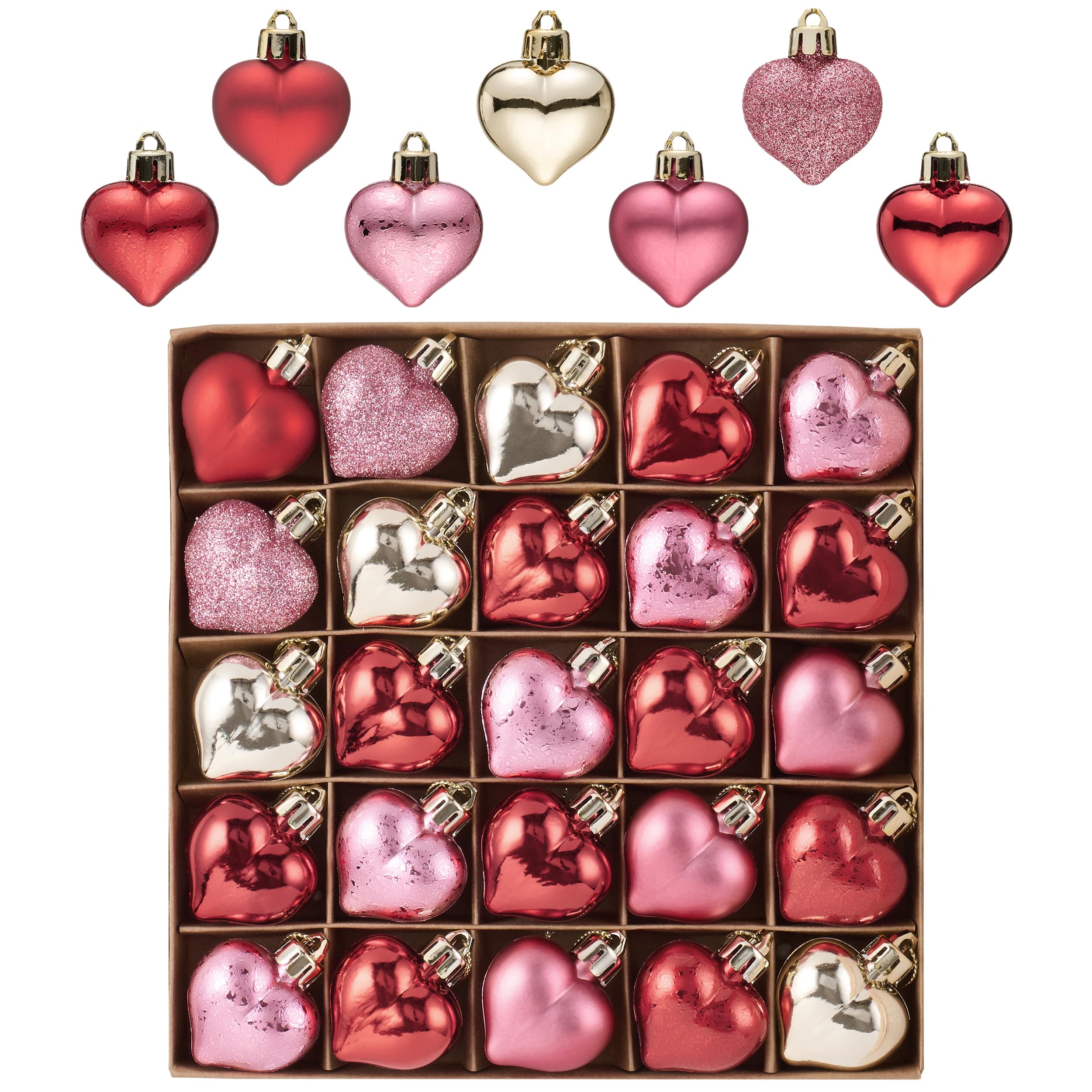 Valery Madelyn 25Pcs Valentines Heart Shaped Ornaments Gift Pack, Craft Christmas Tree Decorations, Pink Red Gold Heart Shaped Xmas Baubles Hanging Party Wedding Decor