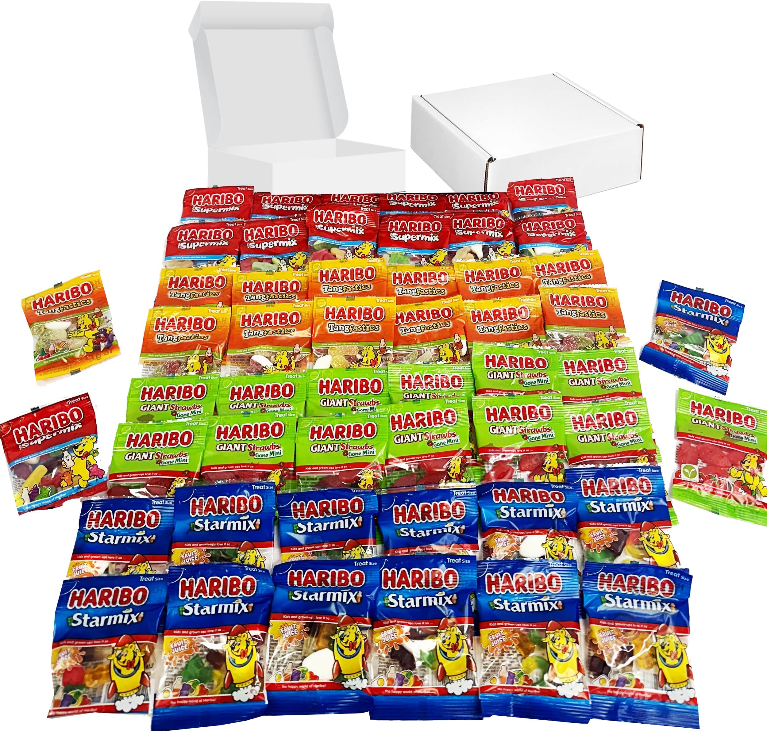 Mini Treat bags Sweet hamper 52 Packs of Mini Bag Sweets including Starmix Supermix Strawbs & Tangfastics Treat for Birthday Christmas Easter and Kids Snack Sweets multipack