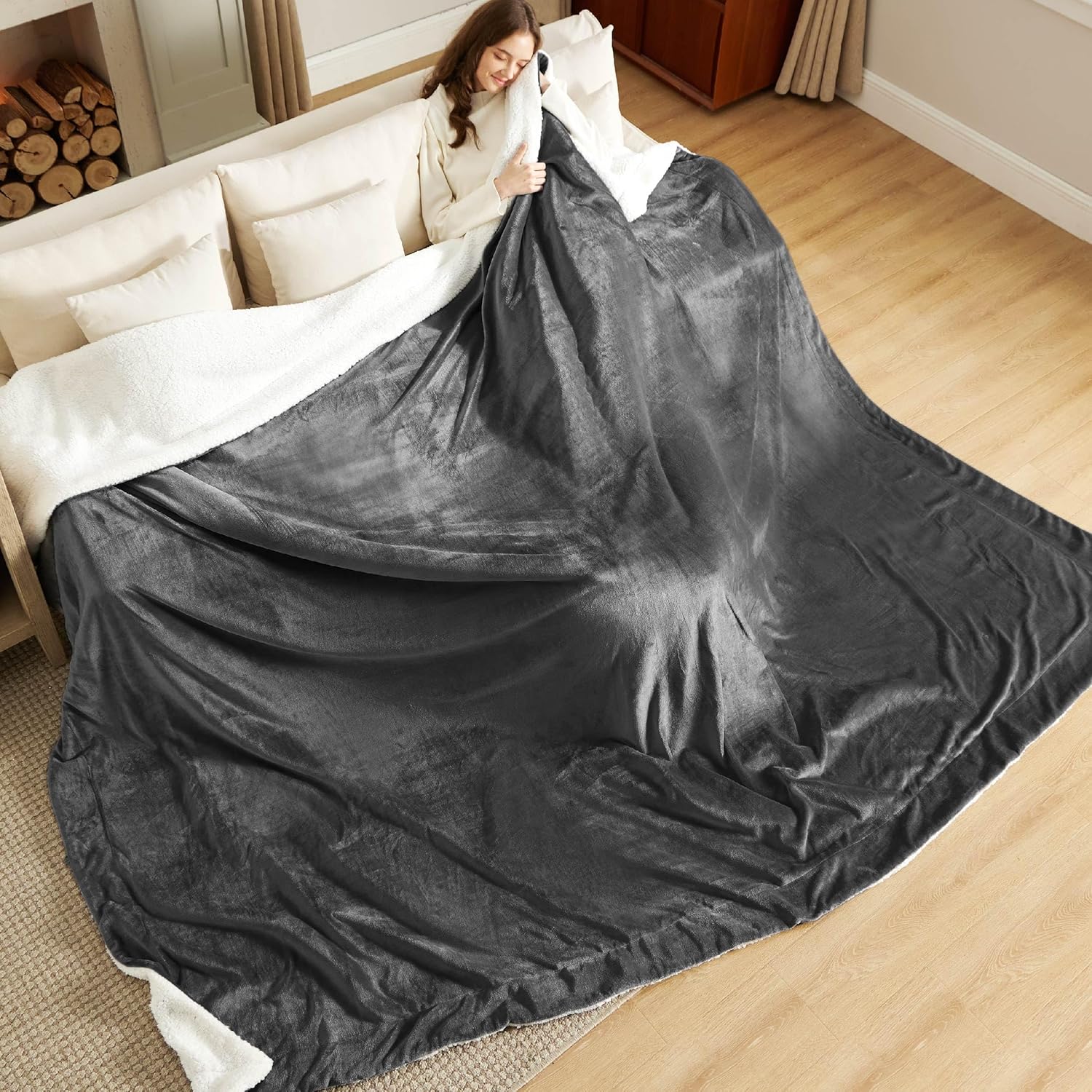 Bedsure GentleSoft Sherpa Fleece Cal King Blankets for Bed, Non-Heated, Thick and Warm Oversized Throw for Women and Men, Soft Fuzzy Plush Large Blanket for Winter, Charcoal, 112x98 Inches - Image 8