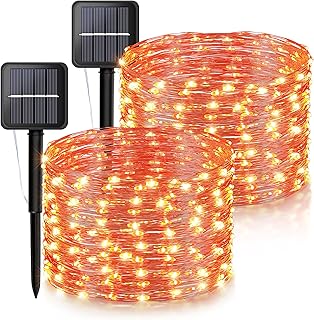 Ｗoohaha Solar Halloween Lights Outdoor,2 Pack Each 33Ft 100LED Orange Halloween Lights,Copper Wire Solar Powered Fairy String Lights 8 Modes for Garden,Tree,Thanksgiving,Christmas,Parties,Home Decor
