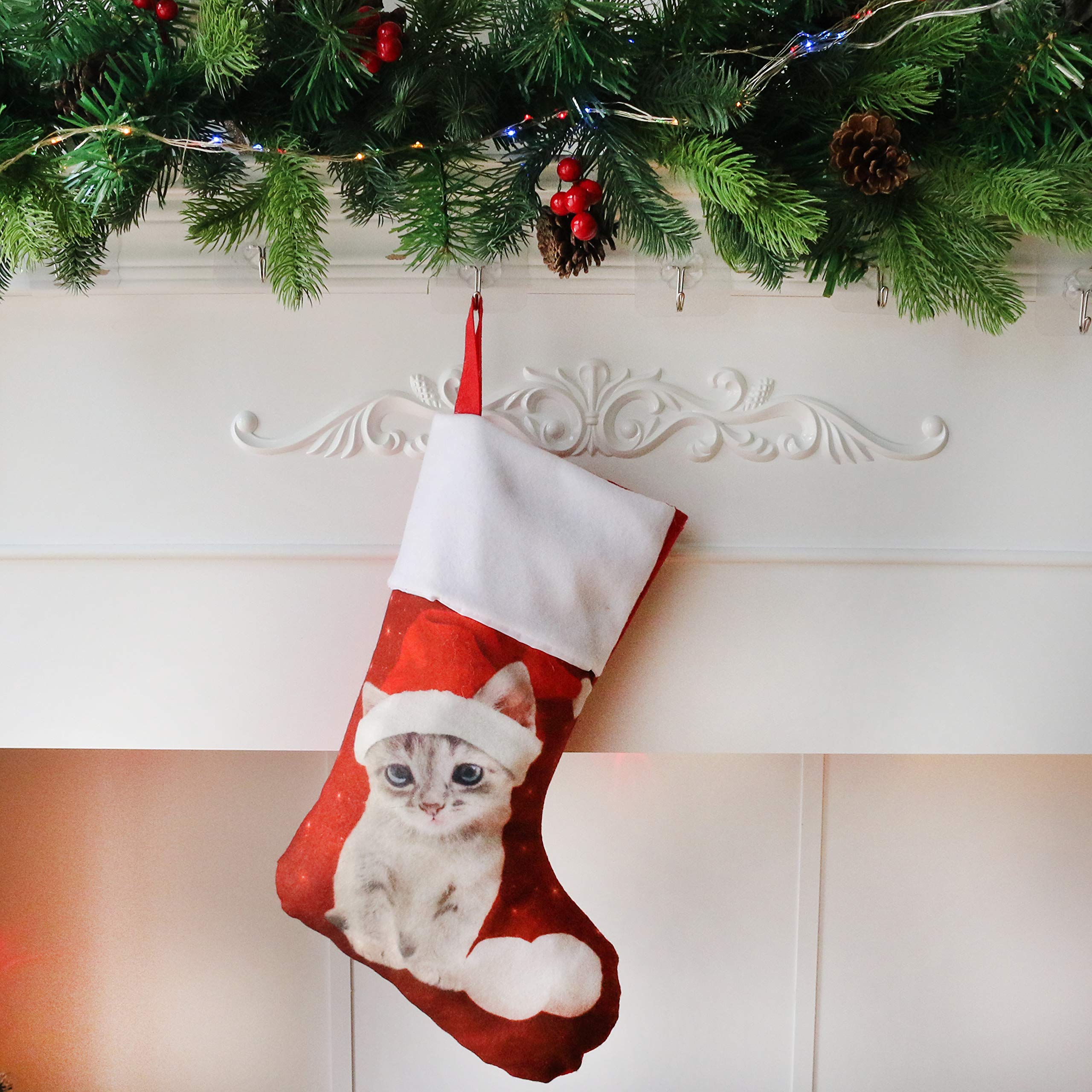 HouwsbabyChristmas Stockings Printed Cat Pattern Holder Gift Bags for Pets Cat Kids Ornament Party Accessory Celebrations, Red, 17'' (Cat)