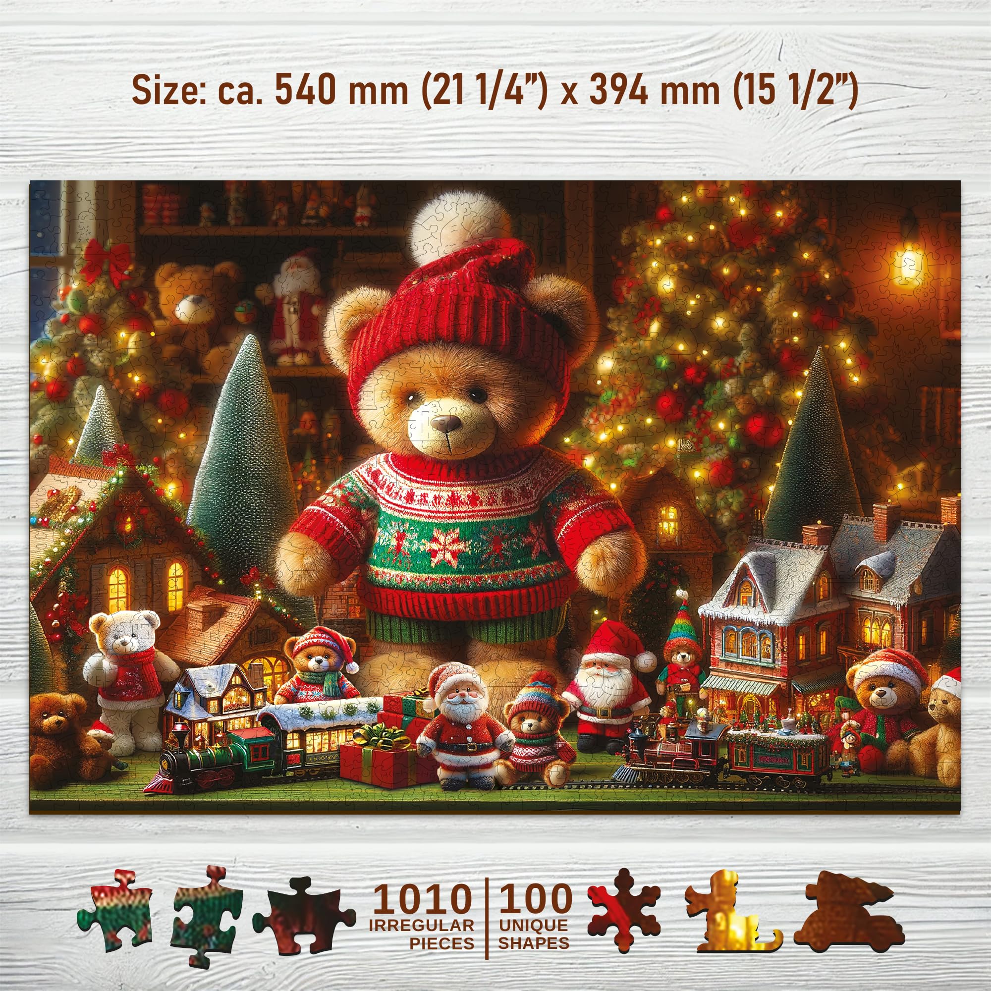 WOODEN.CITY Drewniane puzzle bożonarodzeniowe, 1000 elementów, świąteczny miś, ze 100 unikalnymi figurkami o tematyce świątecznej, wyprodukowano w UE, idealne do rodzinnej zabawy i świątecznego